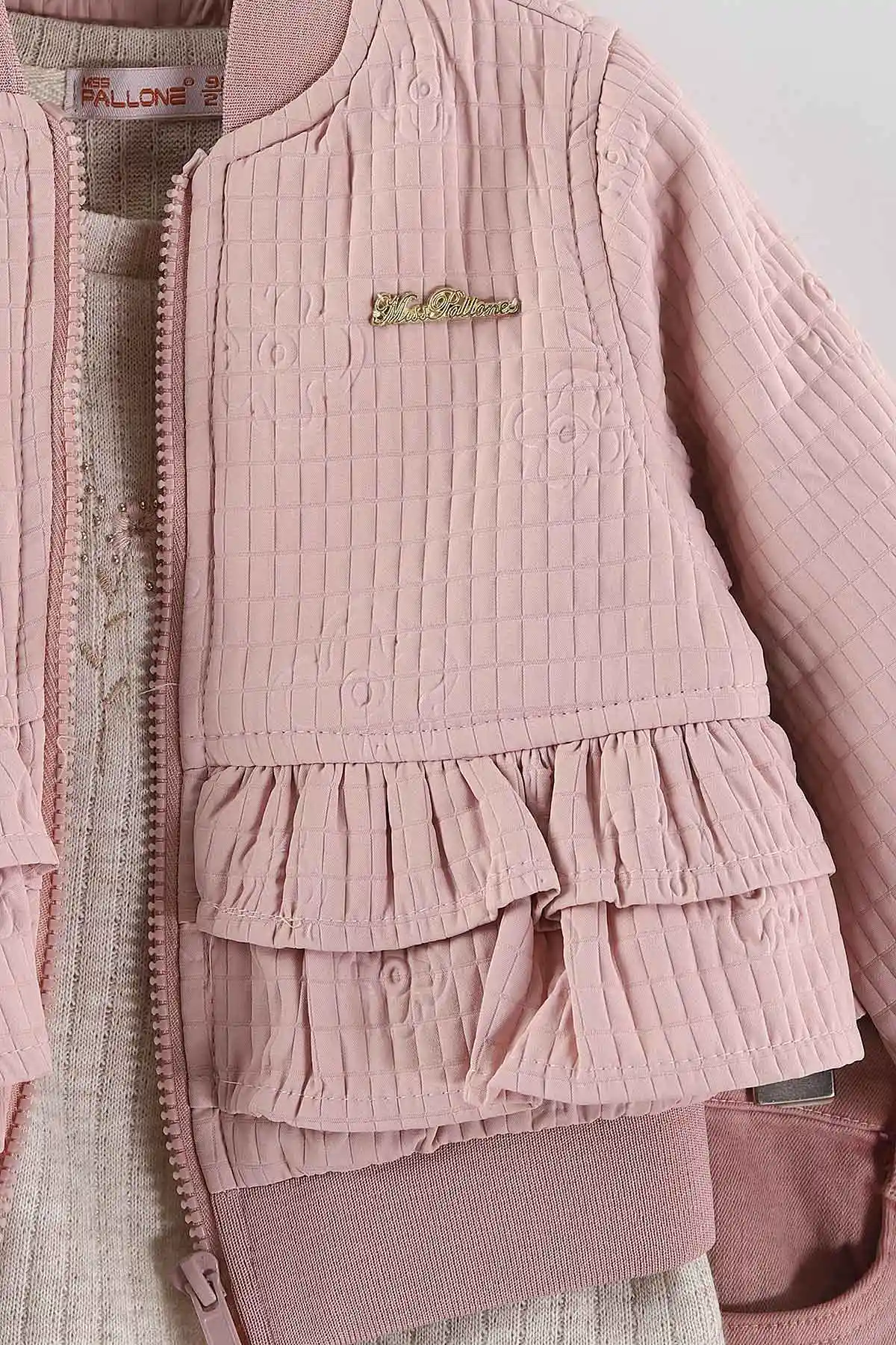 Pembe (1-5 Yaş) Çiçek Nakışlı Badili Fırfırlı Ceketli Kot Pantolonlu Kız Çocuk 3'lü Takım 443776