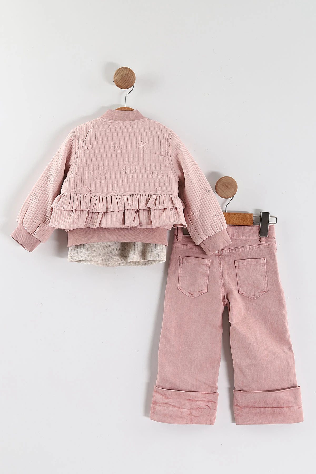 Pembe (1-5 Yaş) Çiçek Nakışlı Badili Fırfırlı Ceketli Kot Pantolonlu Kız Çocuk 3'lü Takım 443776