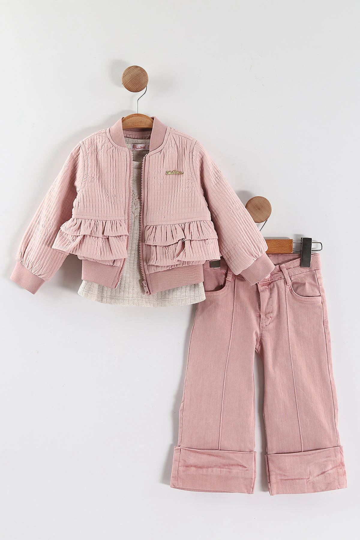 Pembe (1-5 Yaş) Çiçek Nakışlı Badili Fırfırlı Ceketli Kot Pantolonlu Kız Çocuk 3'lü Takım 443776
