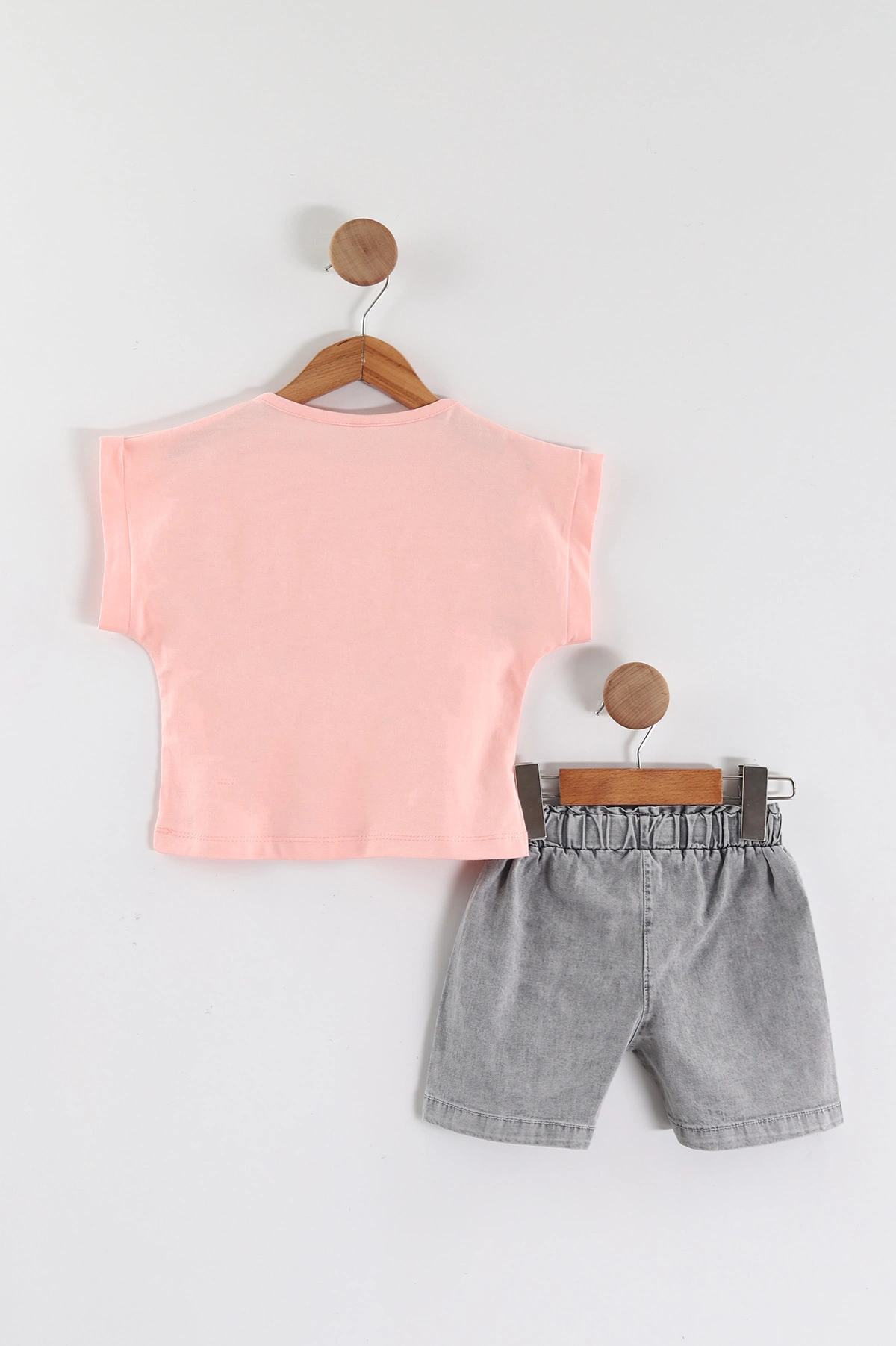 Pembe (1-5 Yaş) Çiçek Nakışlı Süprem Tişörtlü Kot Şortlu Kız Çocuk Yazlık Takım 455820