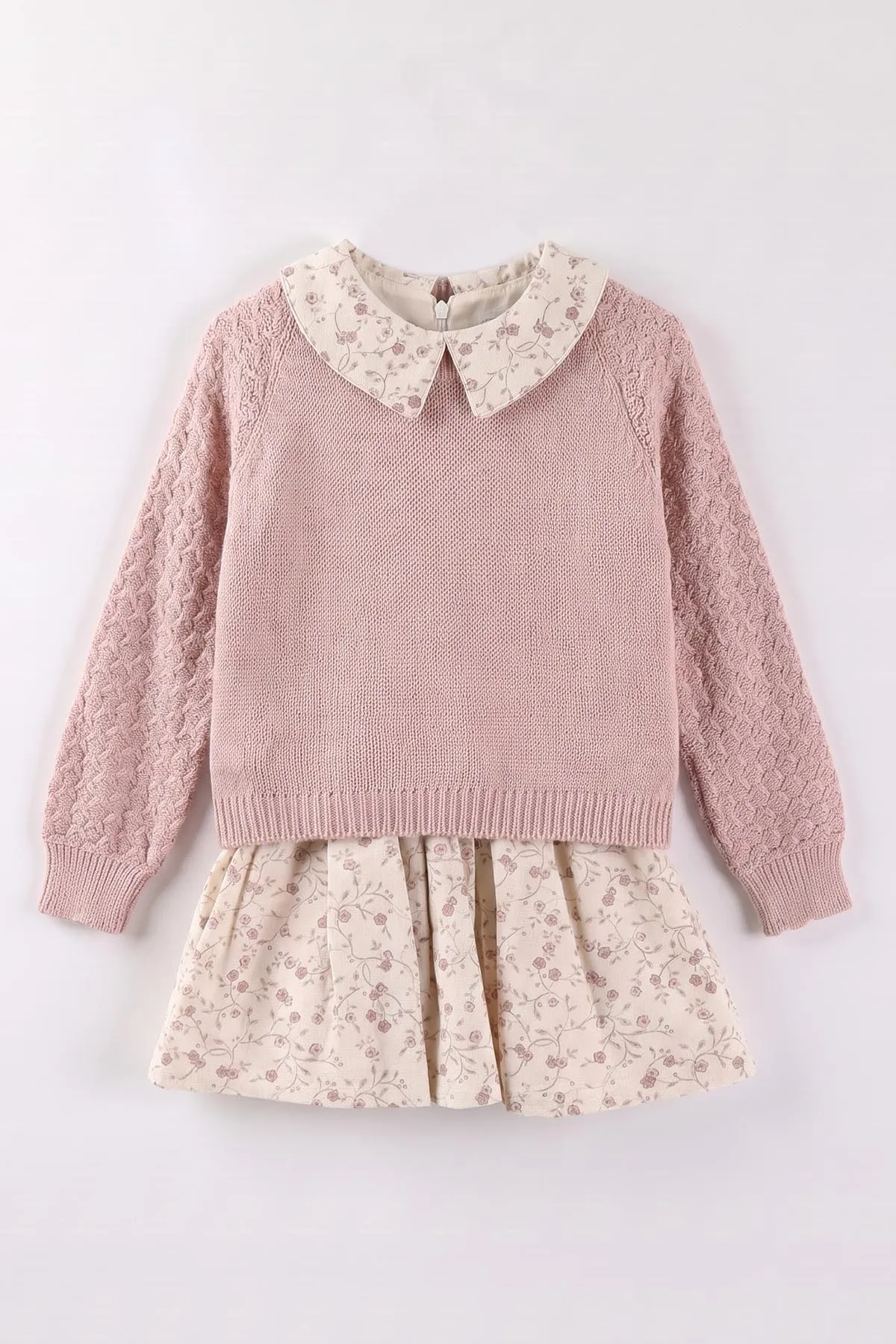 Pembe (1-5 Yaş) Çiçekli Elbiseli Triko Kazaklı  Kız Çocuk Elbiseli Takım 501071