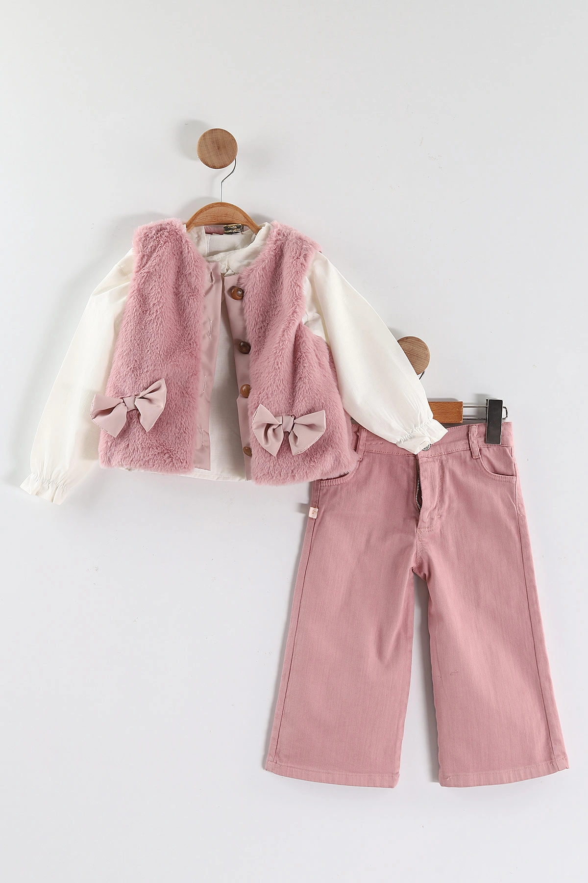 Pembe (1-5 Yaş) Fırfır Yaka   Müslin Gömlekli Peluş Fiyonklu Yelekli Kız Çocuk 3'lü Takım 444208