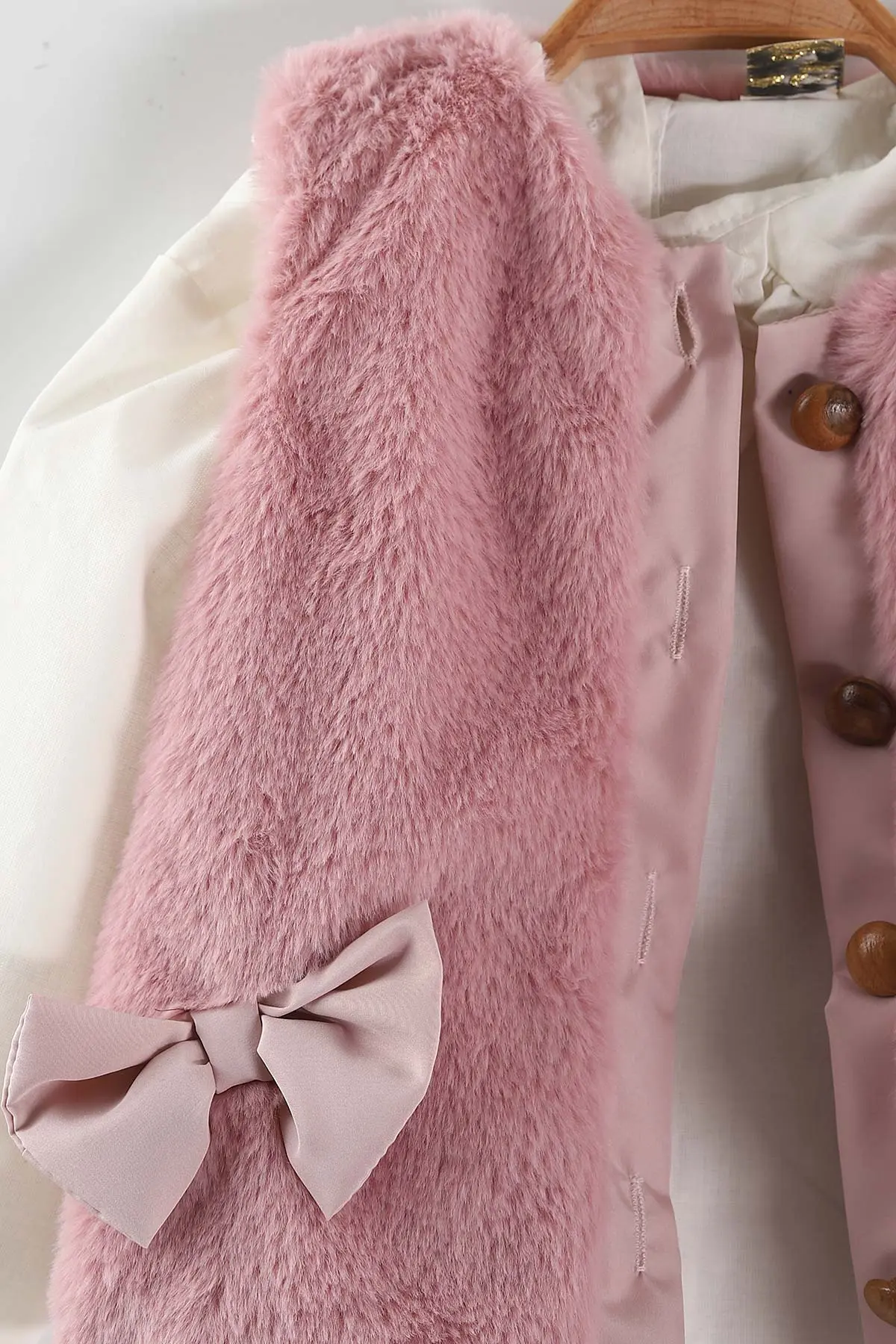 Pembe (1-5 Yaş) Fırfır Yaka   Müslin Gömlekli Peluş Fiyonklu Yelekli Kız Çocuk 3'lü Takım 444208