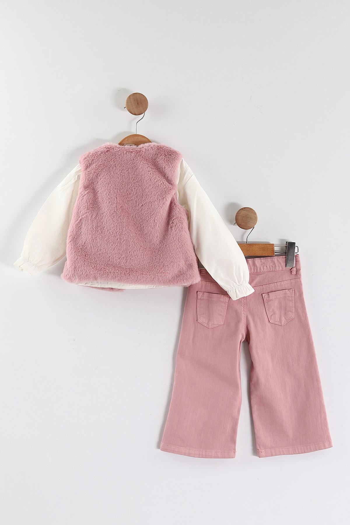 Pembe (1-5 Yaş) Fırfır Yaka   Müslin Gömlekli Peluş Fiyonklu Yelekli Kız Çocuk 3'lü Takım 444208