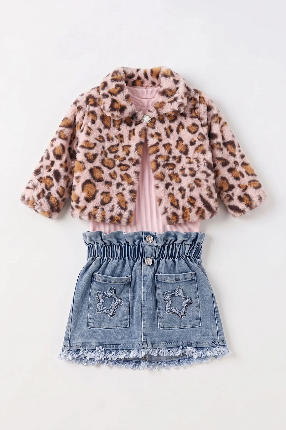 Pembe (1-5 Yaş) Fitilli Bodyli Leopar Peluş Ceketli  Nakışlı Kot Etekli Kız Çocuk 3lü Takım 495747