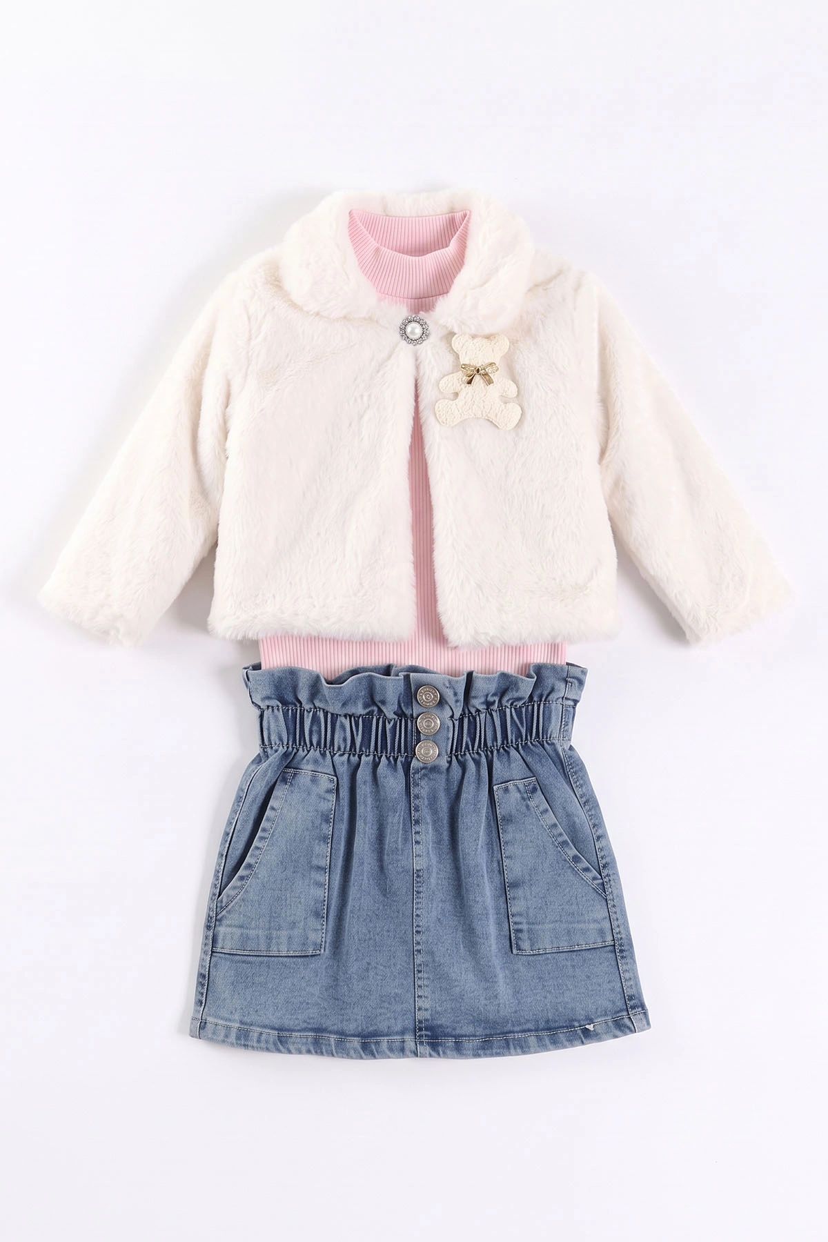 Pembe (1-5 Yaş) Fitilli Bodyli Peluş Ceketli Kot Etekli Kız Çocuk 3lü Takım 495741
