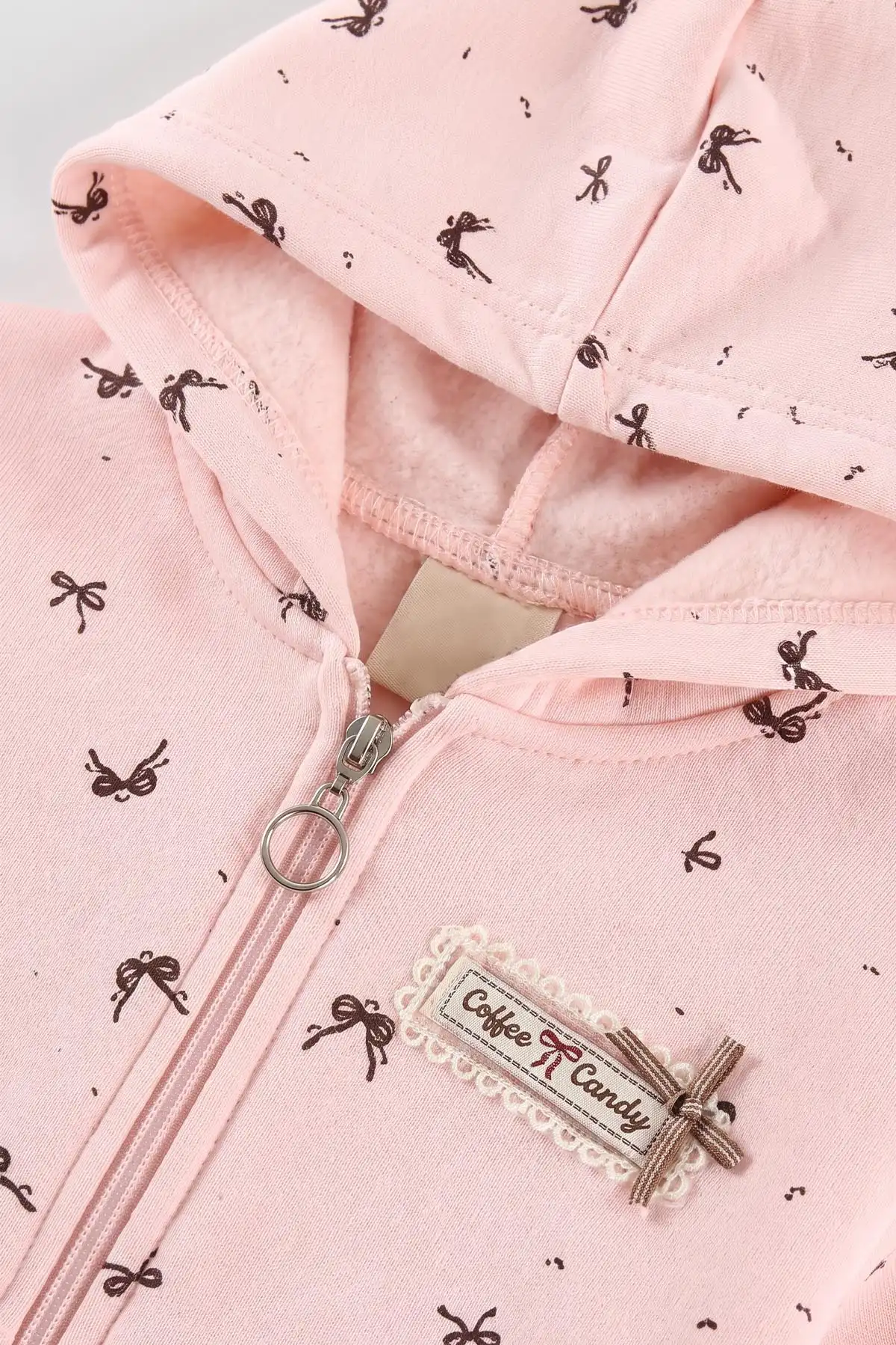 Pembe (1-5 Yaş) Fiyonk Baskılı Kapüşon ve Fermuarlı 3 İp Şardonlu Kız Çocuk Kışlık Takım 487832