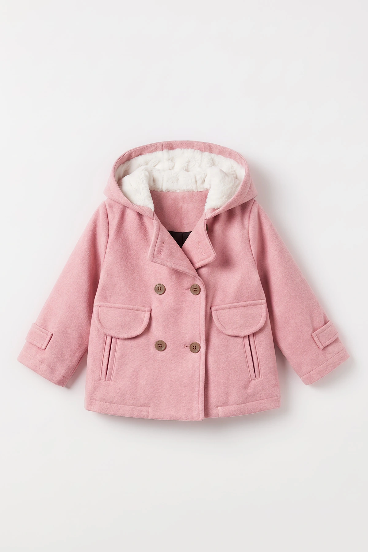 Pembe (1-5 Yaş) Fleto Cepli Kapüşonlu Kaşe Kız Bebek&Çocuk Mont 498787