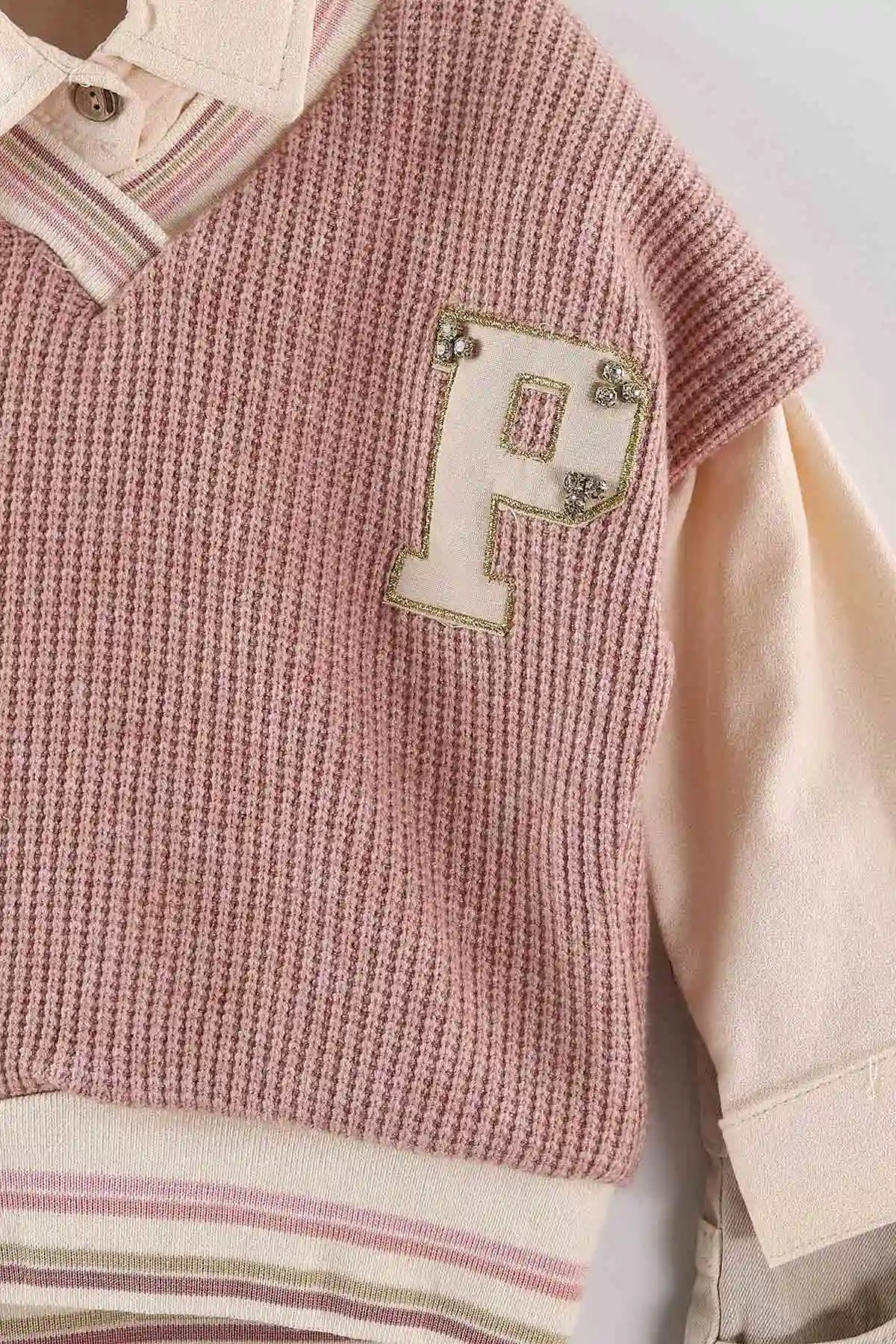 Pembe (1-5 Yaş) Gömlekli Triko Süveterli Gabardin Pantolonlu  Kız Çocuk 3'lü Takım 443783
