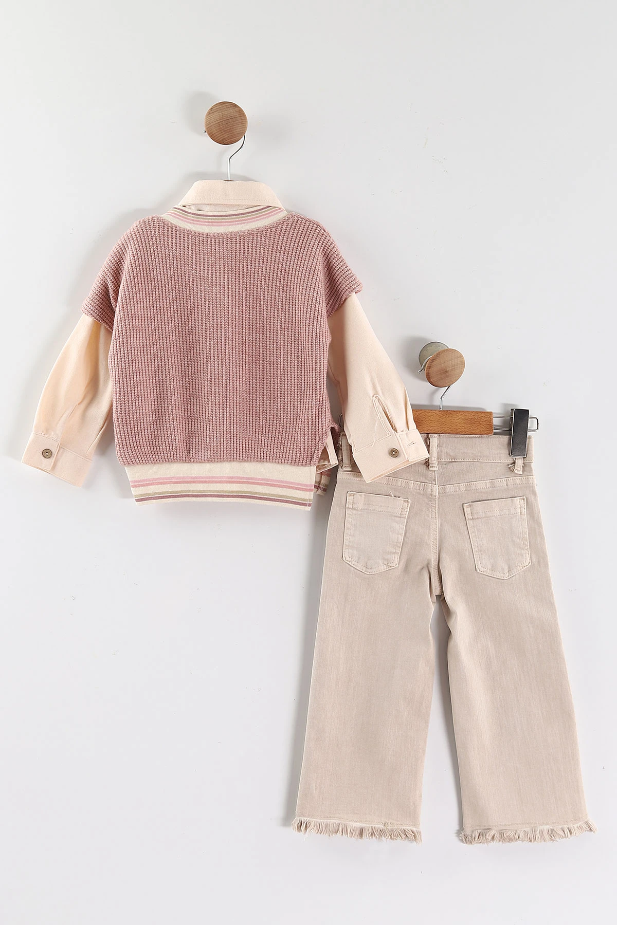 Pembe (1-5 Yaş) Gömlekli Triko Süveterli Gabardin Pantolonlu  Kız Çocuk 3'lü Takım 443783