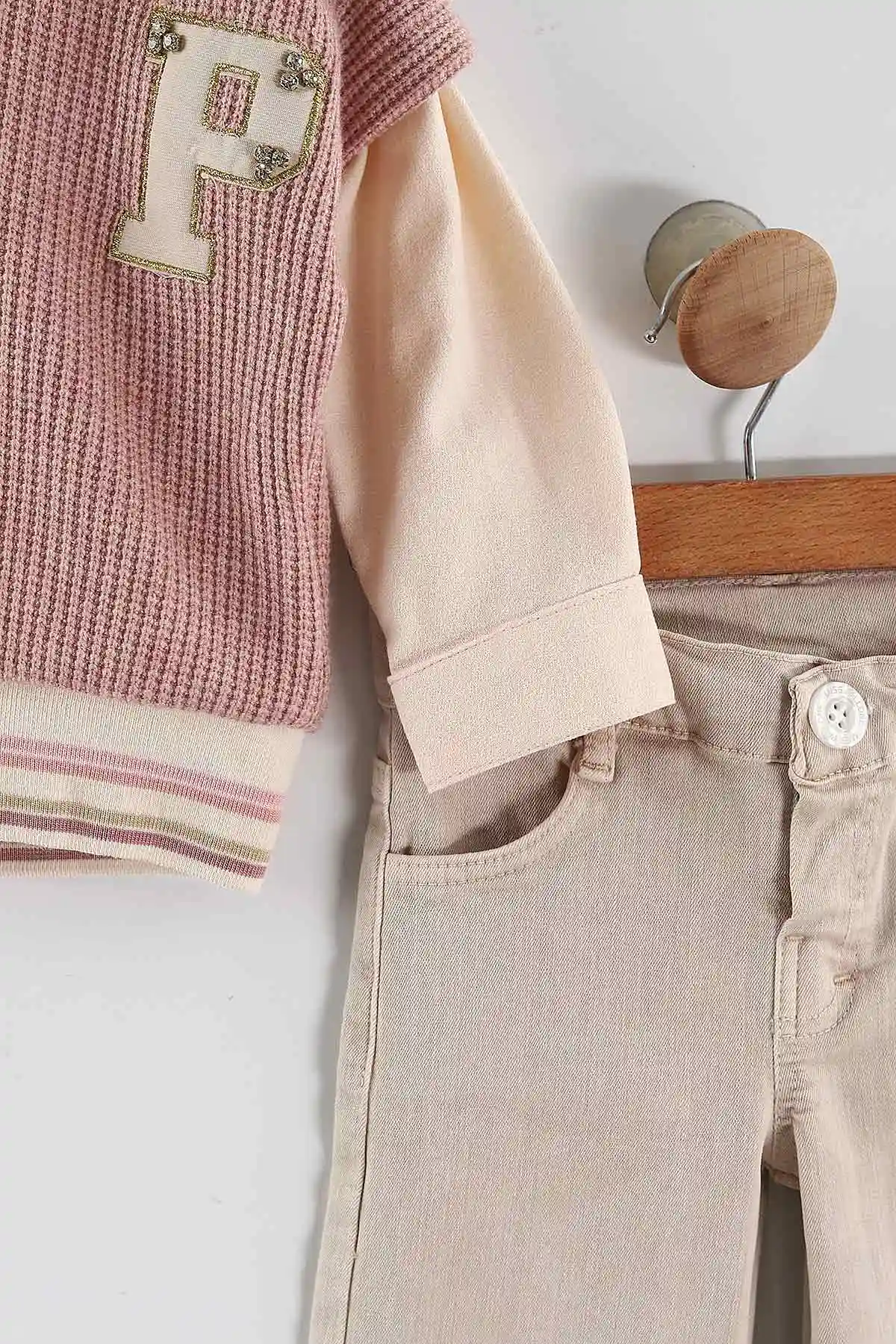 Pembe (1-5 Yaş) Gömlekli Triko Süveterli Gabardin Pantolonlu  Kız Çocuk 3'lü Takım 443783