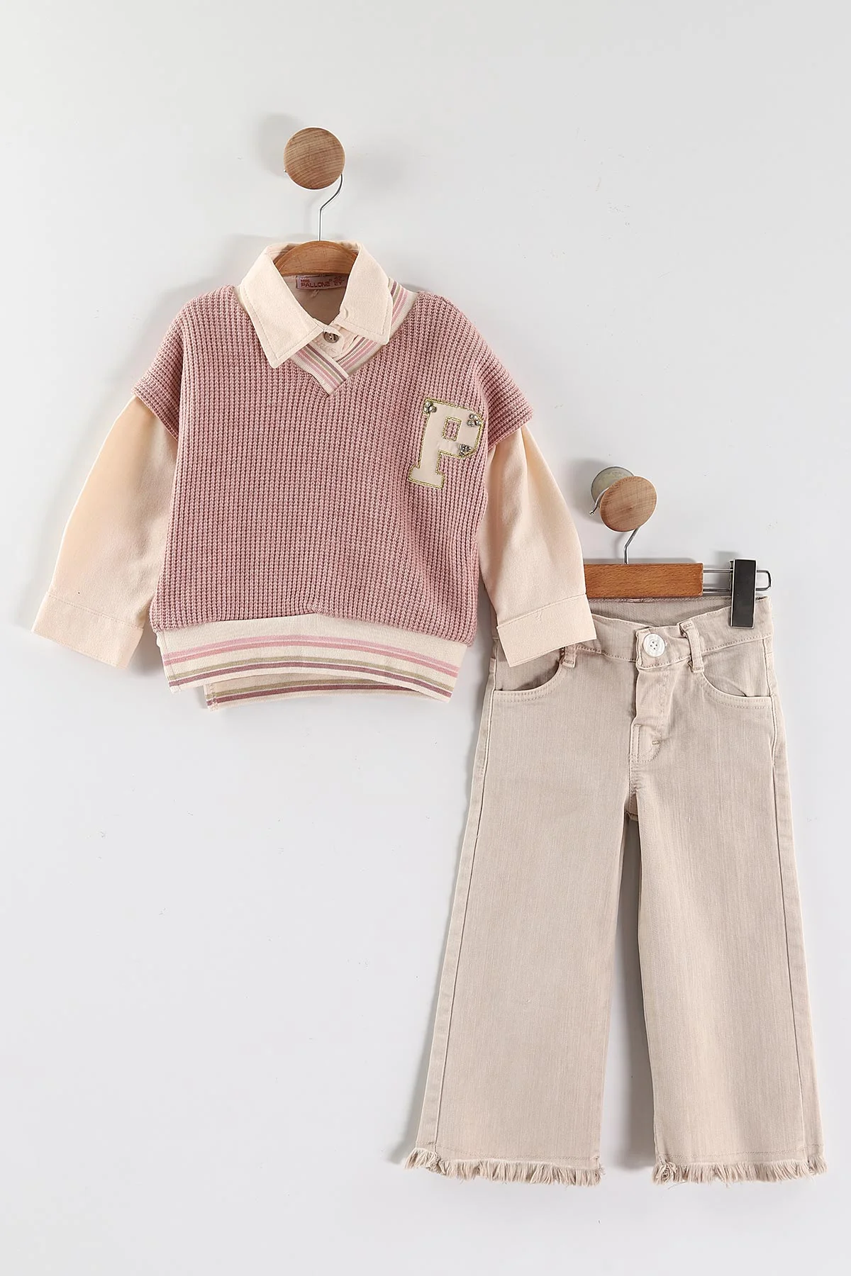 Pembe (1-5 Yaş) Gömlekli Triko Süveterli Gabardin Pantolonlu  Kız Çocuk 3'lü Takım 443783