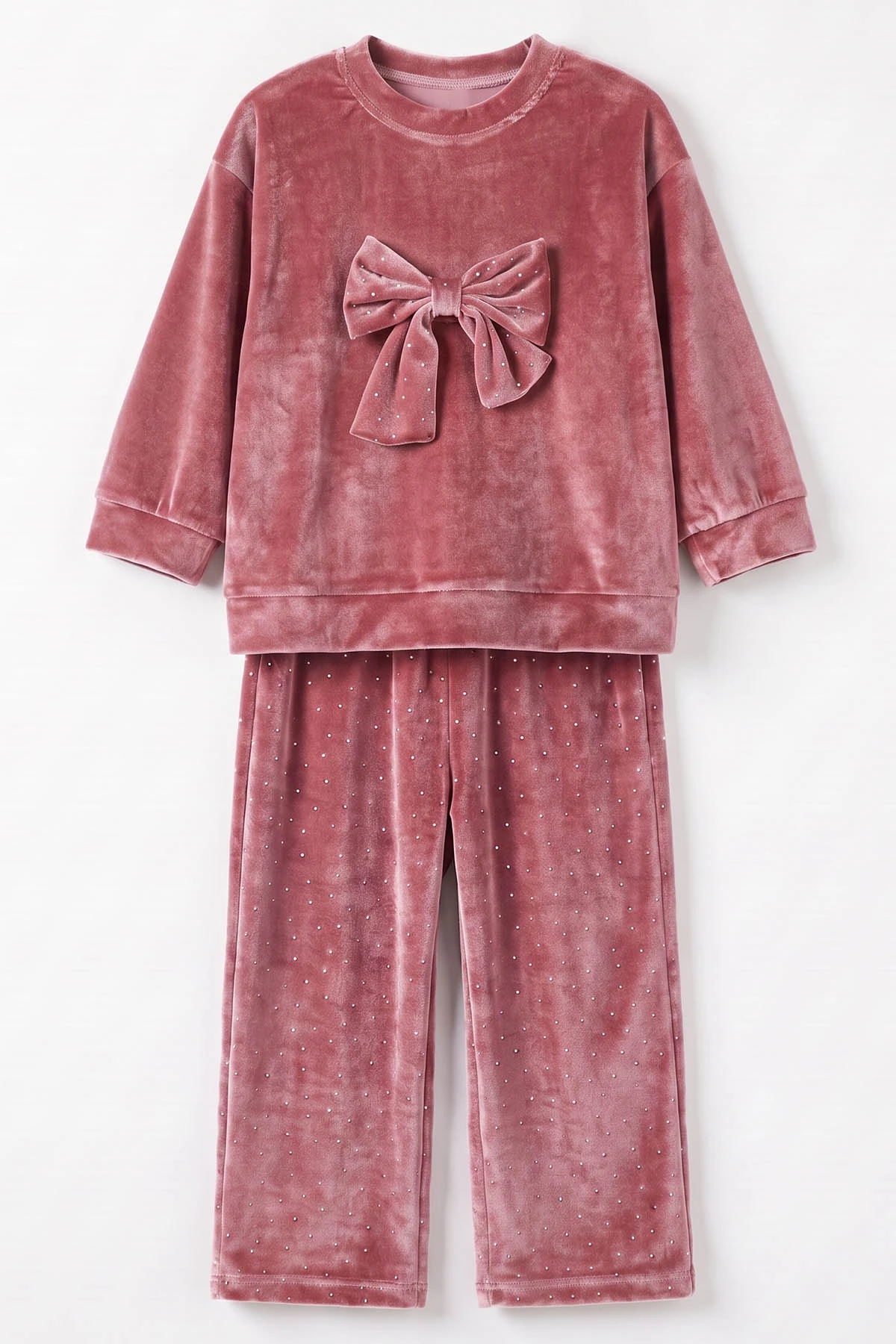 Pembe (1-5 Yaş) Kadife Taşlı Fiyonklu Kız Çocuk Takım 488972