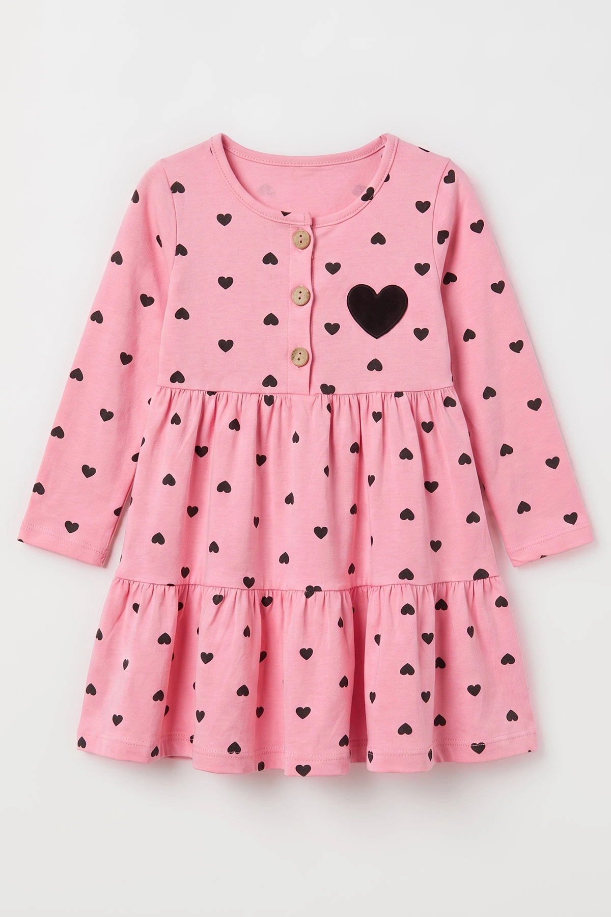 Pembe (1-5 Yaş) Kalp Baskılı Düğmeli   Uzun Kol Kız Çocuk Elbise 475784