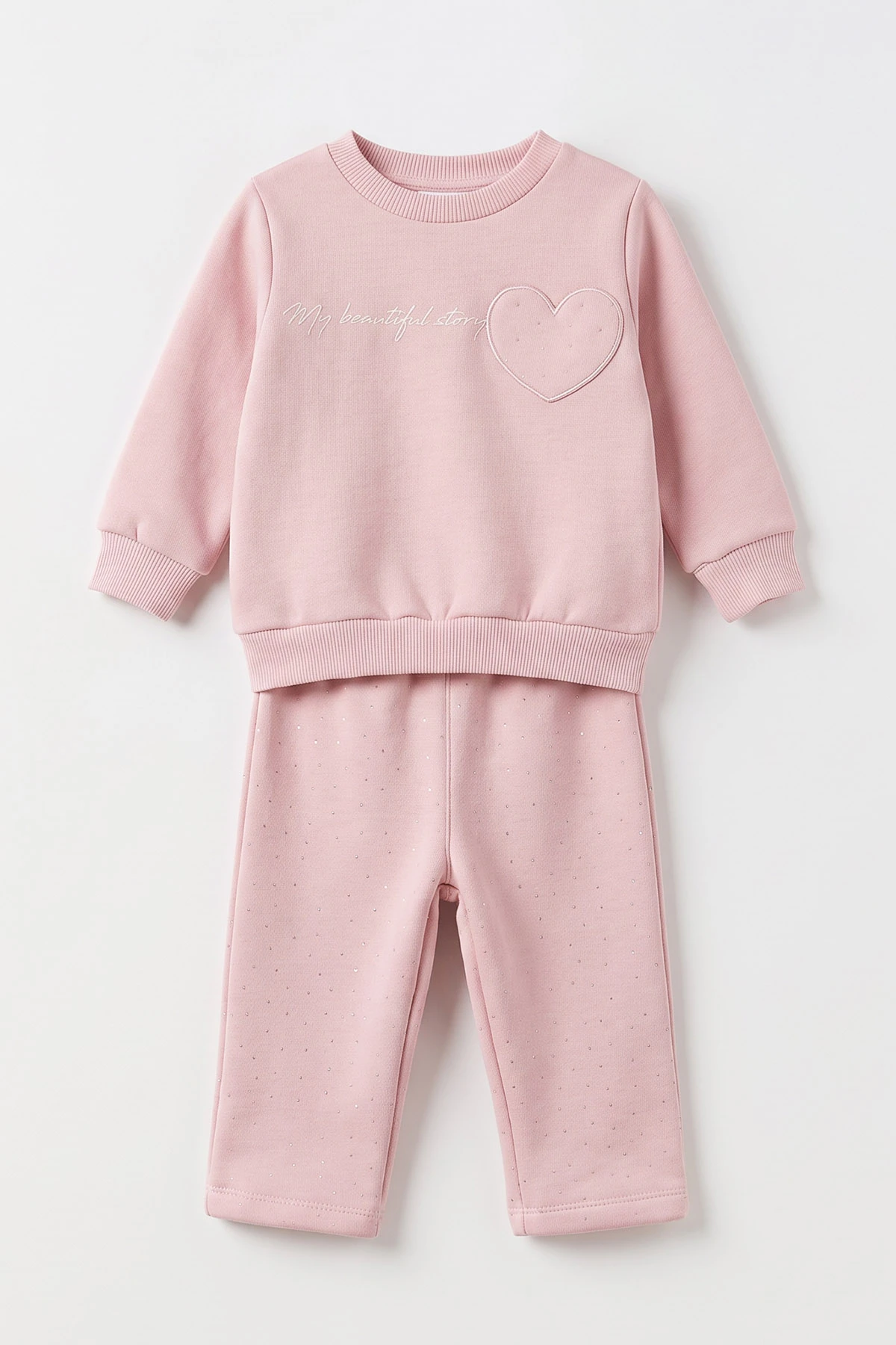 Pembe (1-5 Yaş) Kalp Nakışlı Taş Baskılı 3 İp Şardonlu Kız Çocuk Kışlık Takım 499737