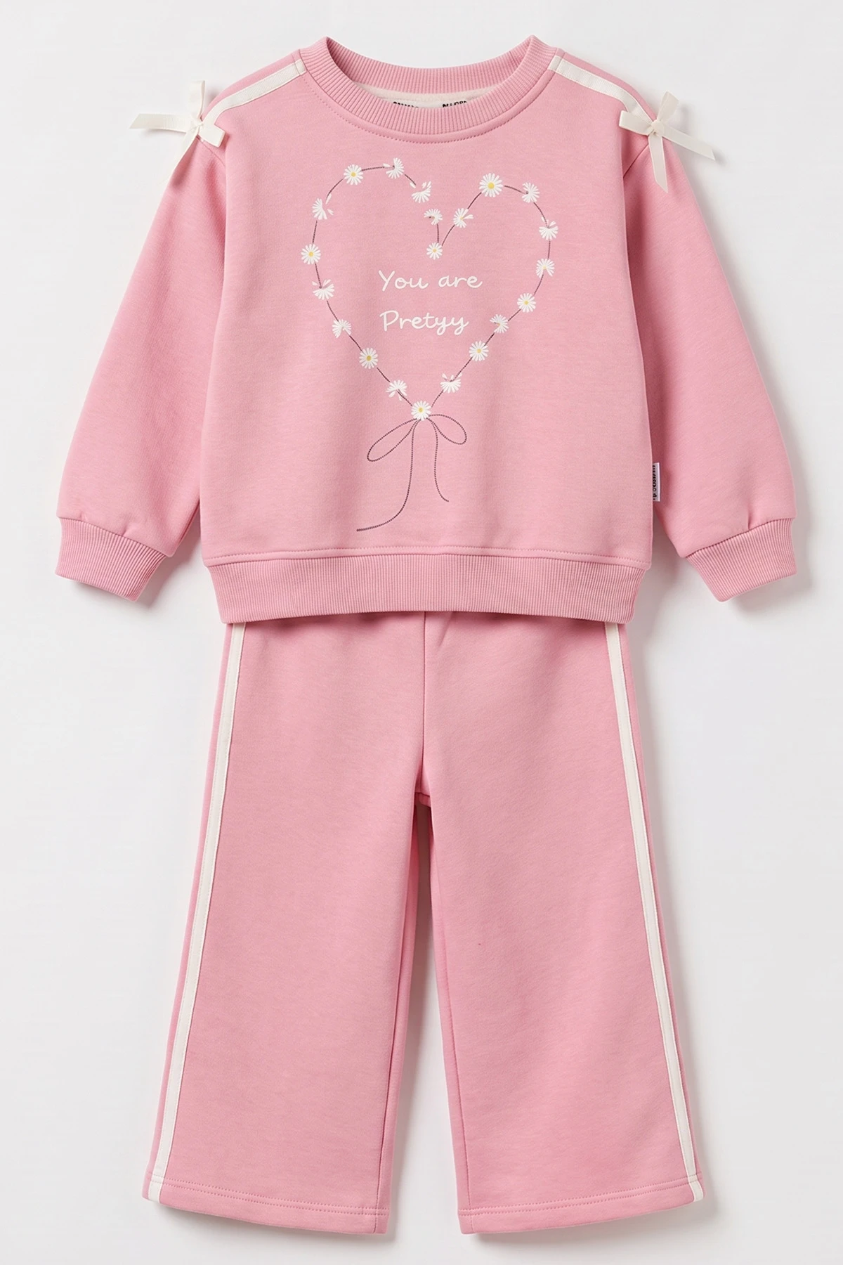Pembe (1-5 Yaş) Papatyalı Kalp Baskılı Grogren Şerit 3 İp Şardonlu Kız Çocuk Kışlık Takım 484809
