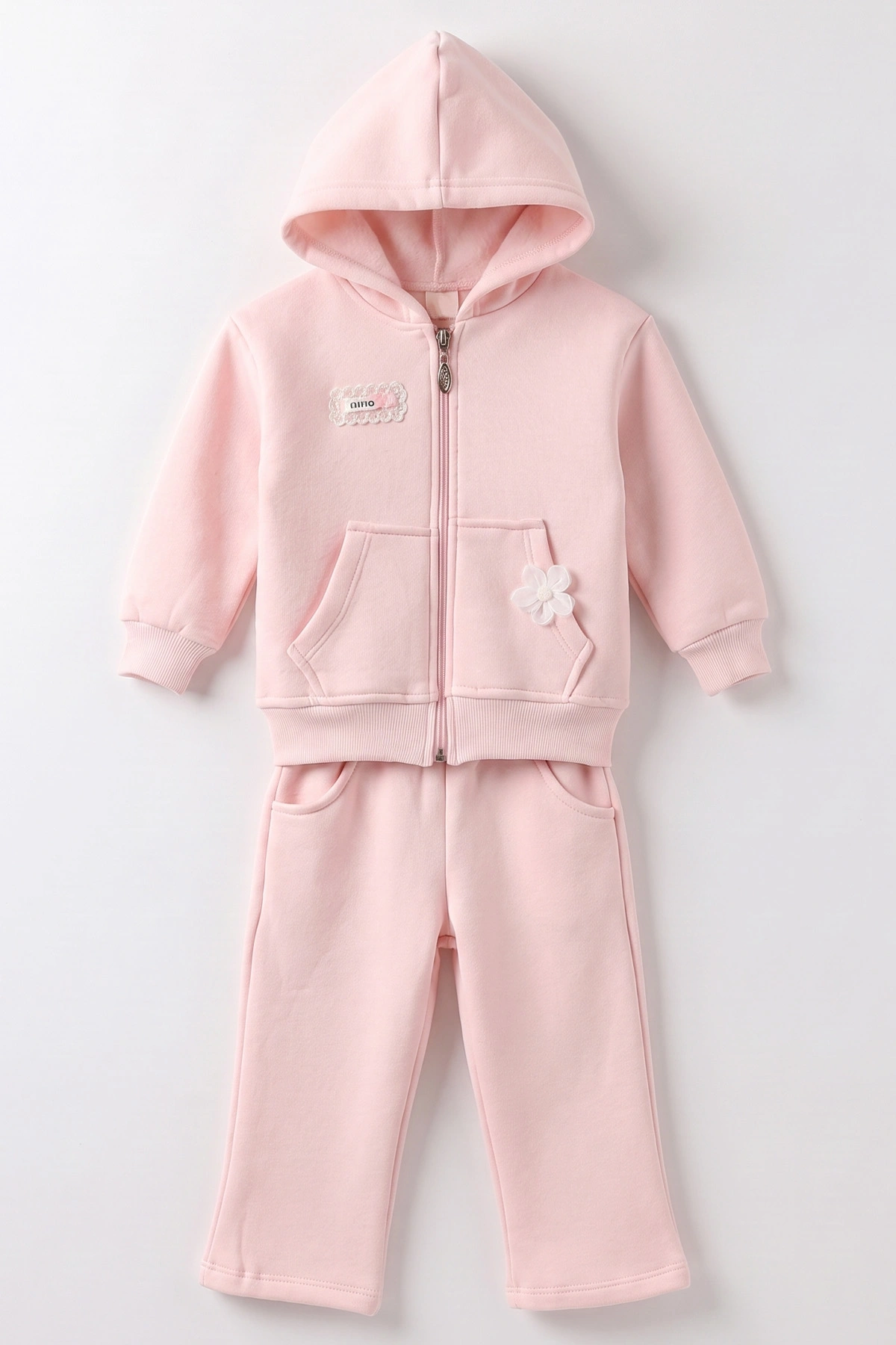 Pembe (1-5 Yaş) Papatyalı Kapüşon ve Fermuarlı 3 İp Şardonlu Kız Çocuk Kışlık Takım 487822