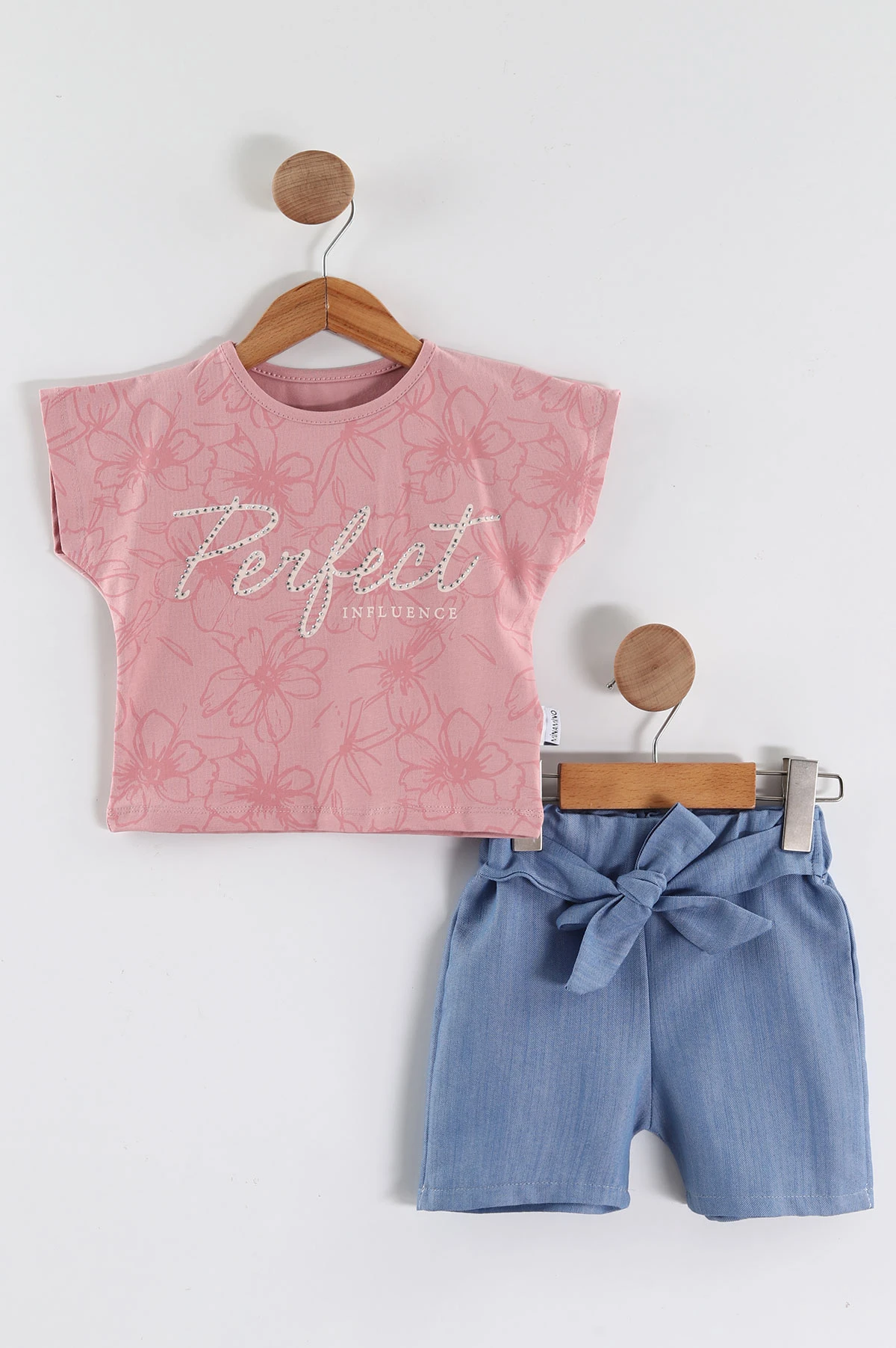 Pembe (1-5 Yaş) Perfect Taş Baskılı Tişörtlü  Kot Şortlu   Kız Çocuk Yazlık Takım 458958
