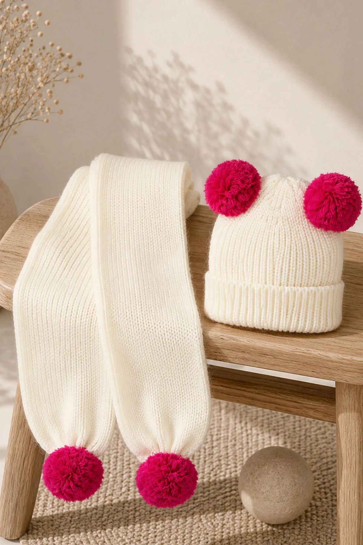 Pembe (1-5 Yaş) Ponponlu Kız  Çocuk Atkı Bere Takım 475086