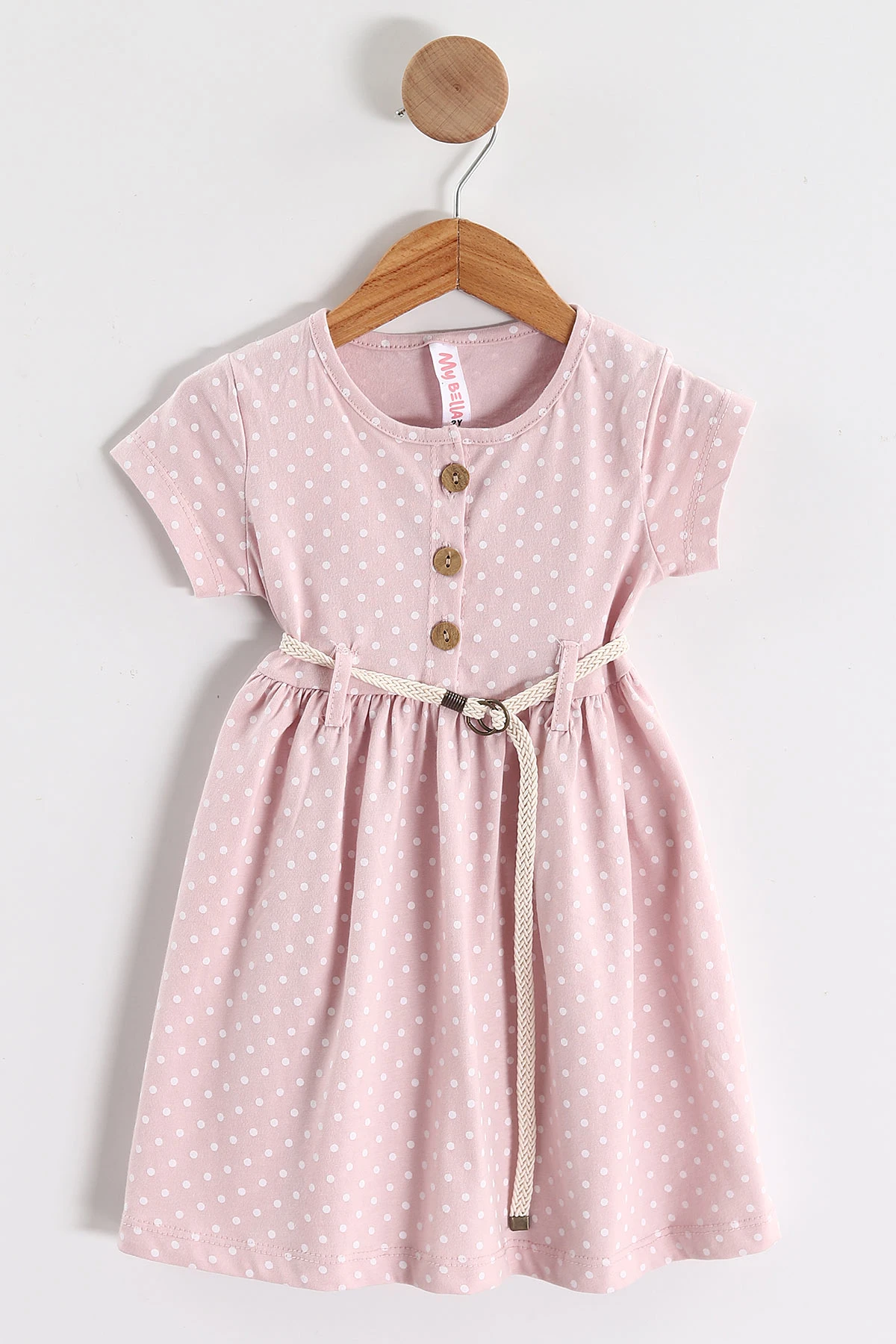 Pembe (1-5 Yaş) Puantiye Desenli Kemerli Kız Çocuk Penye Elbise 438989
