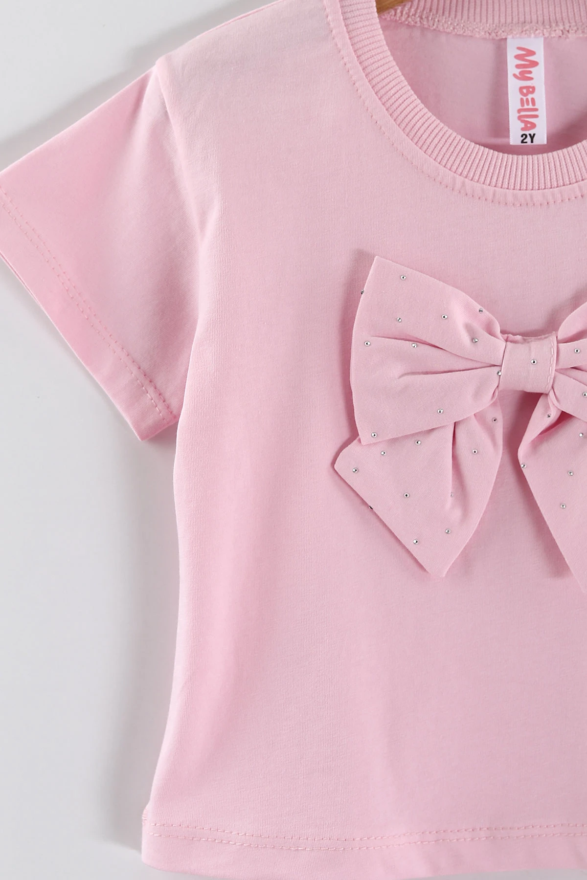 Pembe (1-5 Yaş) Taş Baskılı Fiyonklu ve Şortlu Penye Kız Çocuk Yazlık Takım 454793