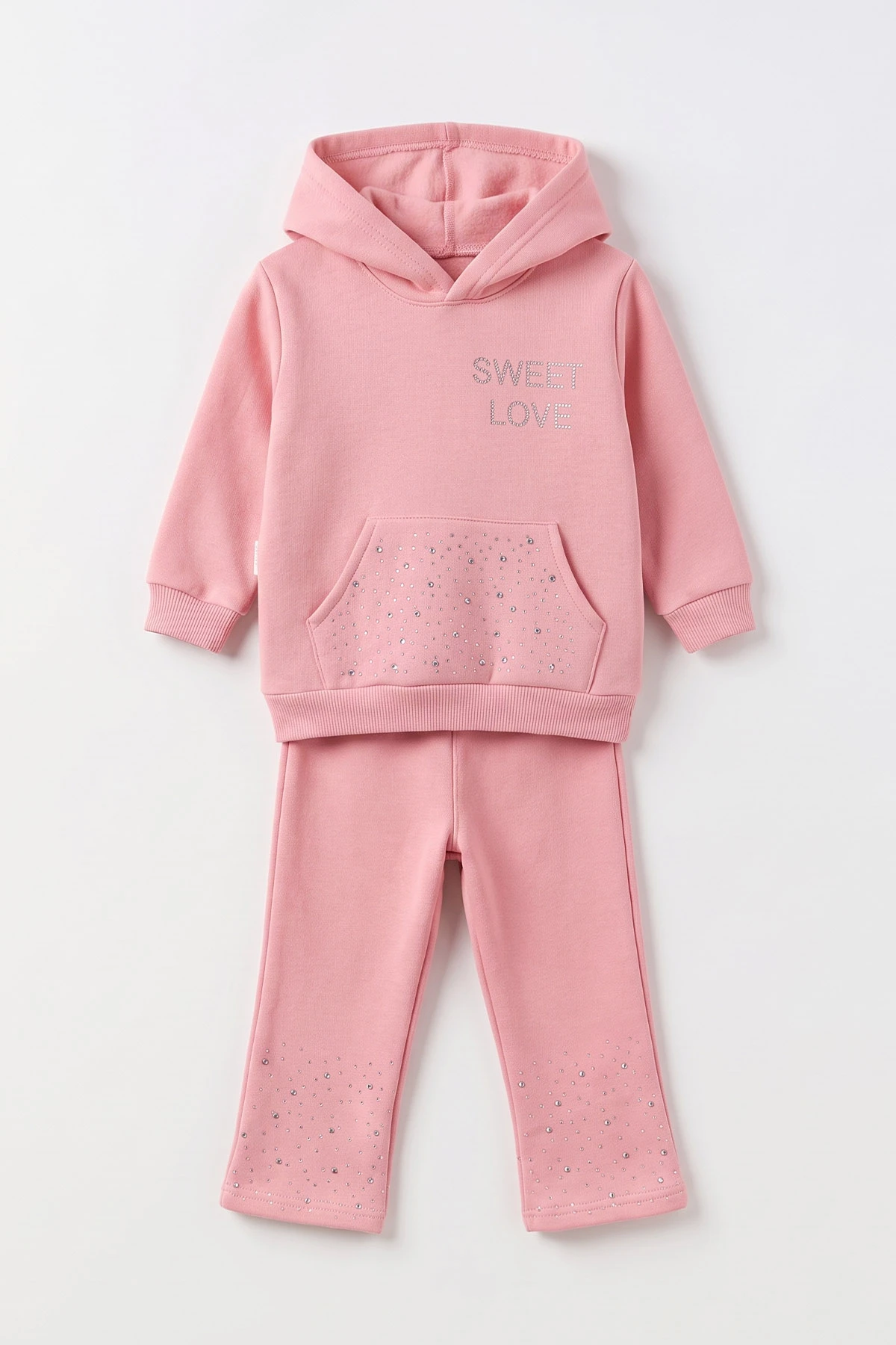 Pembe (1-5 Yaş) Taş Baskılı Kapüşonlu 3 İp Şardonlu Kız Çocuk Kışlık Takım 495803