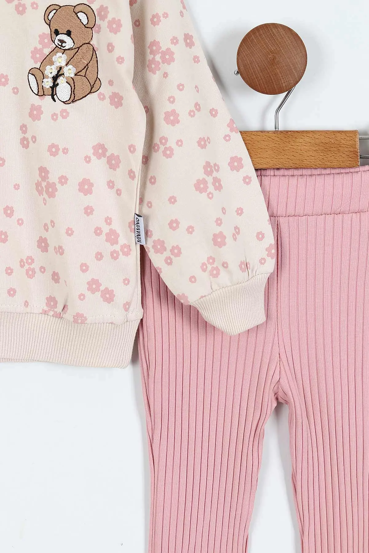 Pembe (1-5 Yaş)Ayıcık Nakışlı Baskılı Fitilli Taytlı Kız Çocuk Takım 414325 414908