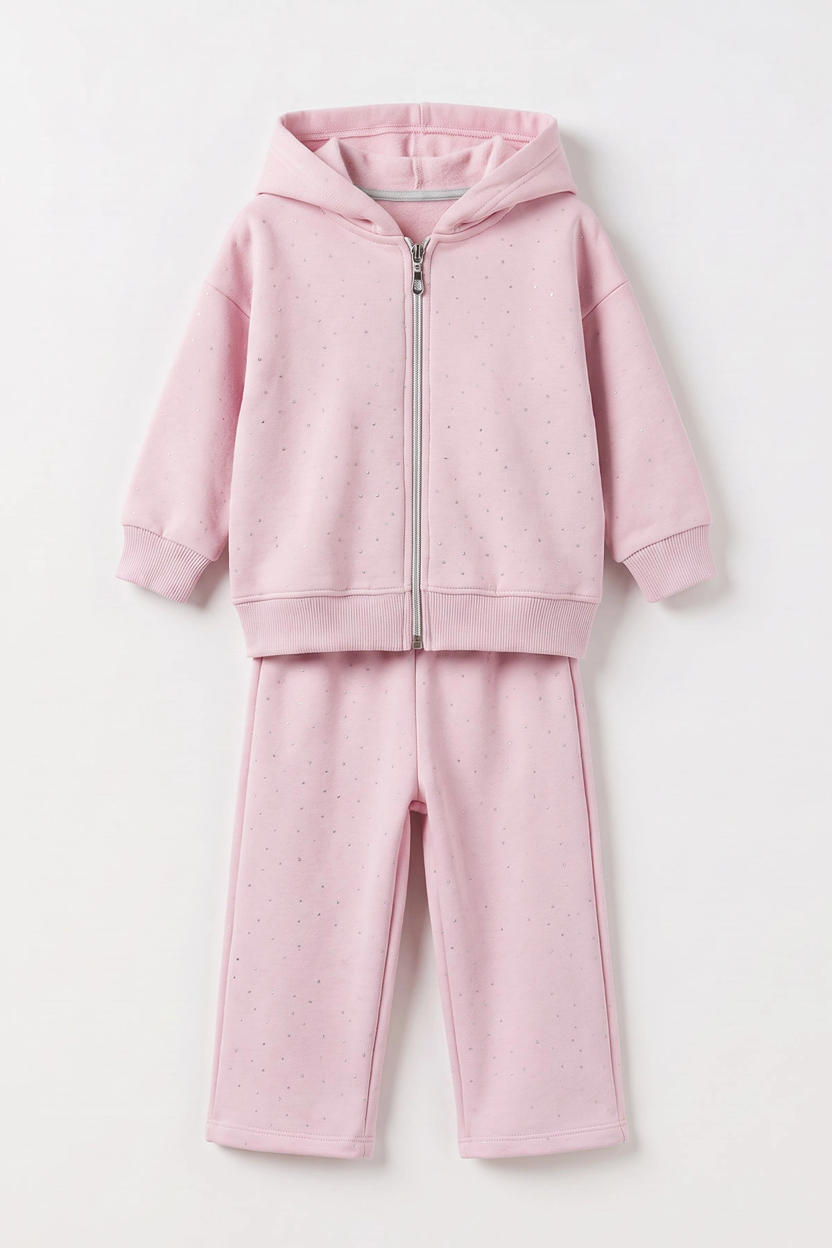 Pembe (1-5 Yaş)Kapüşonu Kulaklı Taş Baskılı Hırkalı 3 İp Şardonlu Kız Çocuk Kışlık Takım 499258