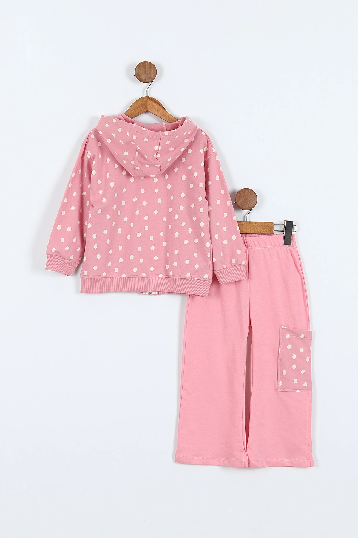 Pembe (1-5 Yaş)Puantiye Desen Kapüşonlu ve Fermuarlı Bol Paça Kız Çocuk 2'li Takım 418451