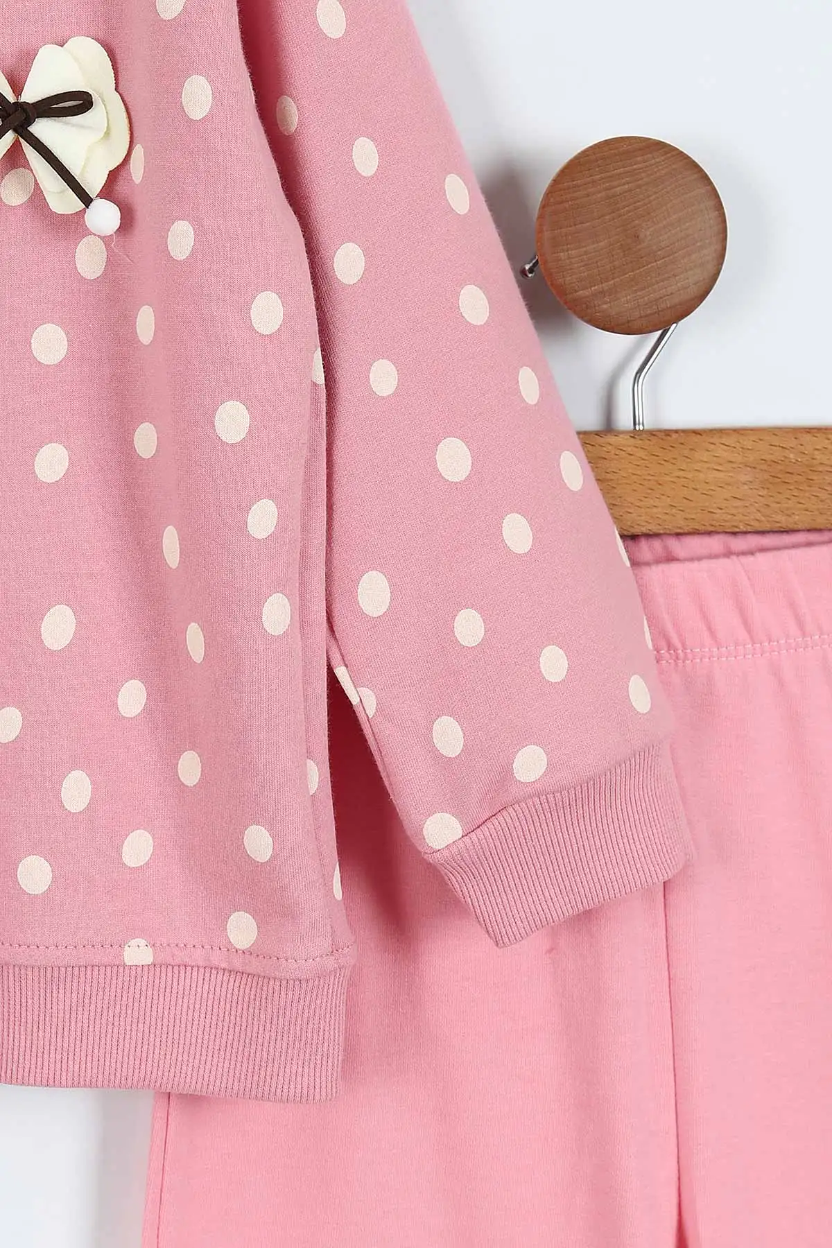 Pembe (1-5 Yaş)Puantiye Desen Kapüşonlu ve Fermuarlı Bol Paça Kız Çocuk 2'li Takım 418451
