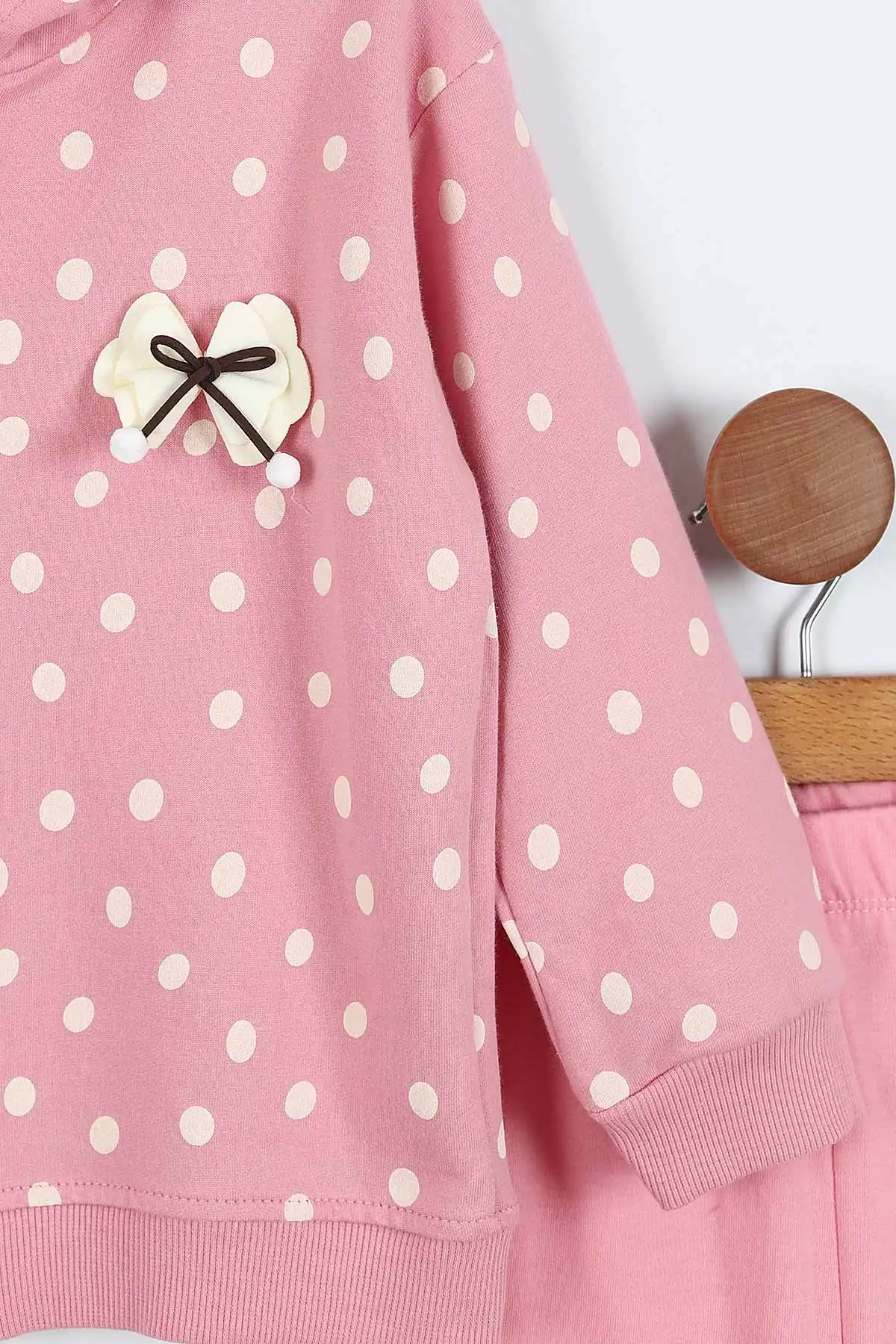 Pembe (1-5 Yaş)Puantiye Desen Kapüşonlu ve Fermuarlı Bol Paça Kız Çocuk 2'li Takım 418451