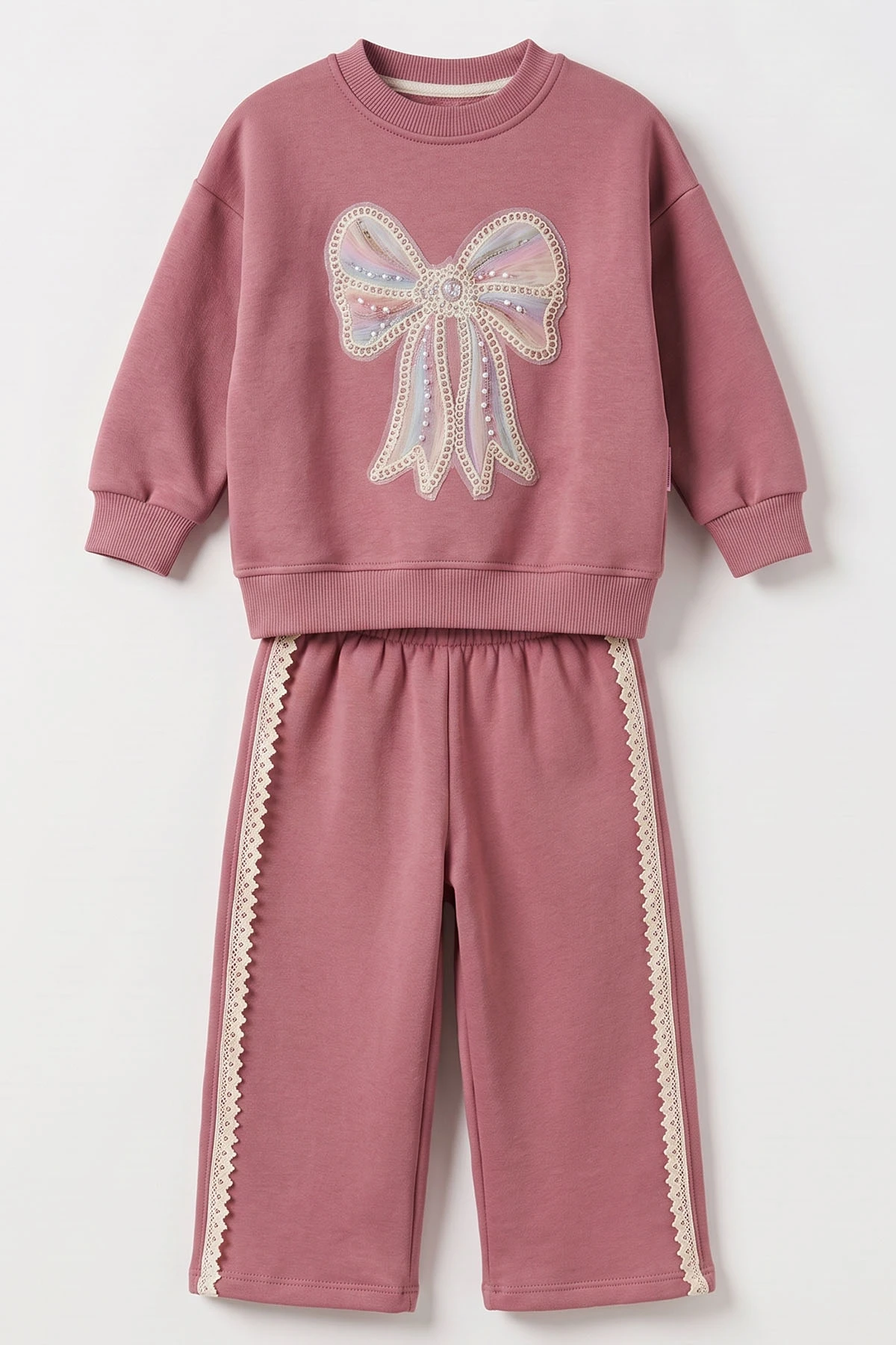 Pembe (1-5 Yaş)Pul Fiyonklu Nakışlı 3 İp Şardonlu Kız Çocuk Kışlık Takım 500858