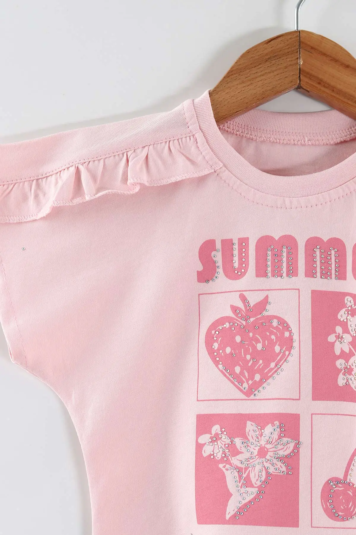 Pembe (1-5 Yaş)Taş Baskılı Fırfırlı Tişört ve Kot Şort Etekli  Kız Çocuk Takım 467159
