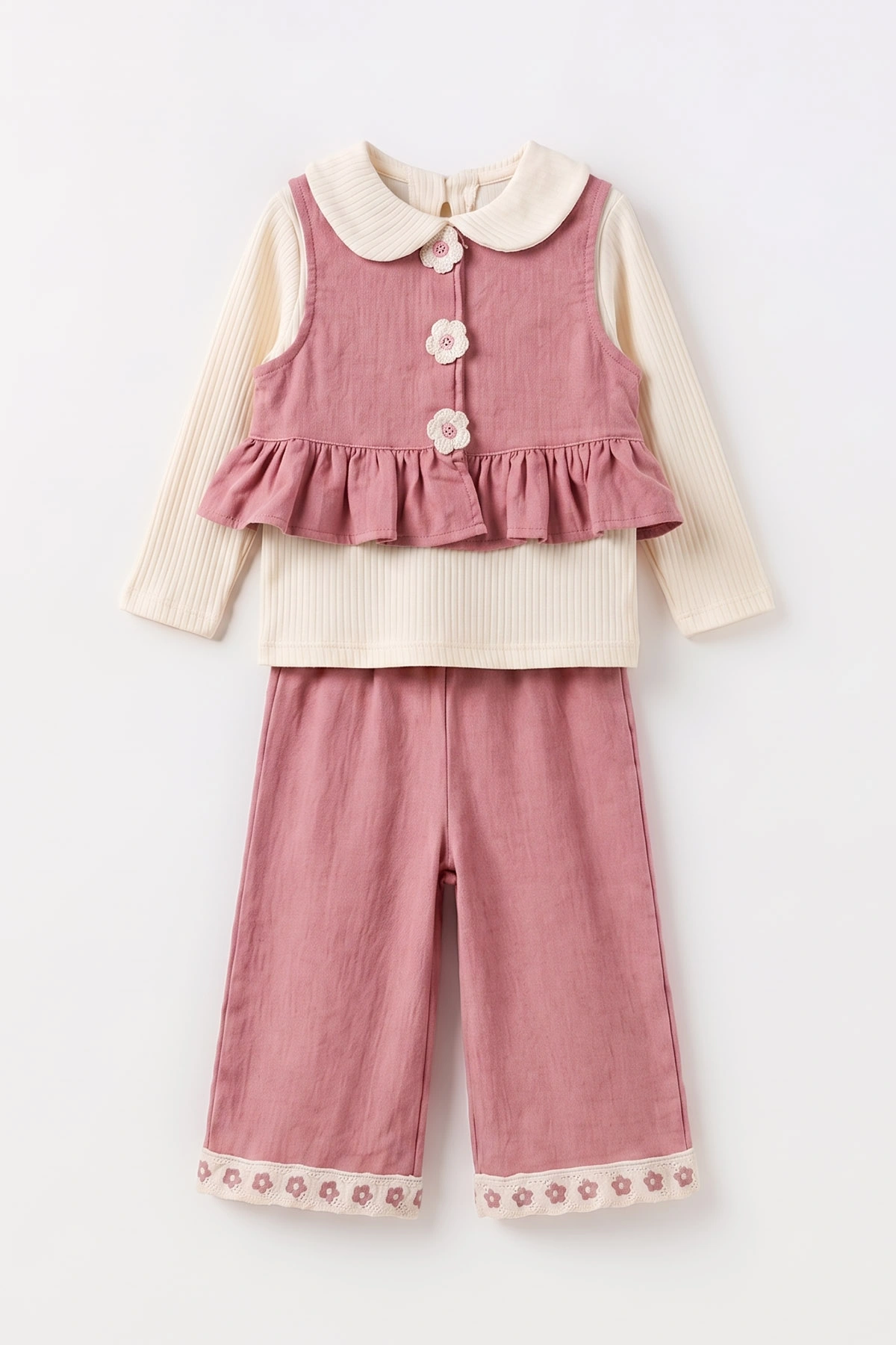 Pembe (1-5 Yaş)Üç Çiçek Nakışlı Kadife Yelek ve Pantolonlu Bebe Yaka Fitilli Badili  Kız Çocuk 3'lü Takım 496016
