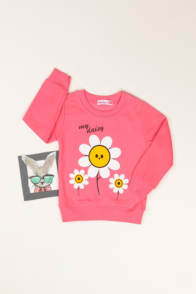 Pembe (1-8 Yaş) Çiçek Baskılı İçi Şardonlu Kız Çocuk Sweatshirt 81377