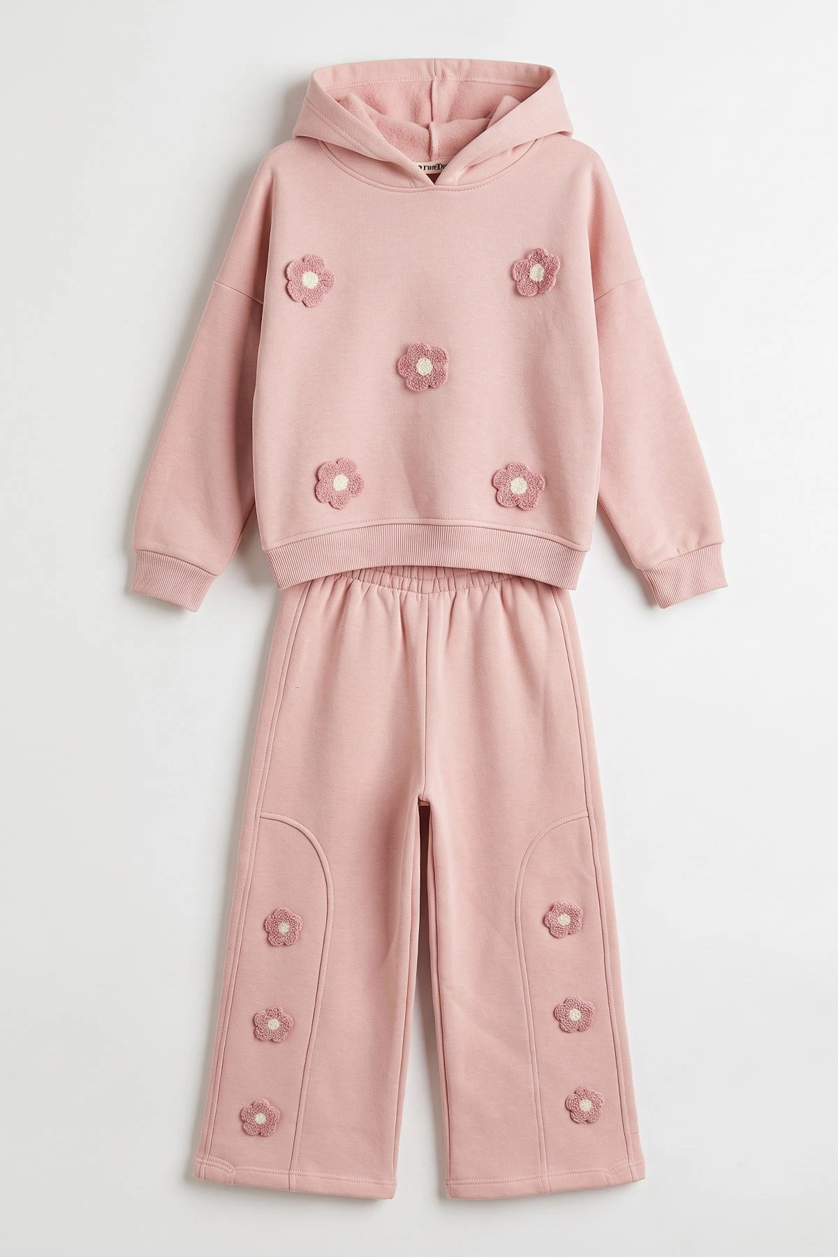 Pembe (1-9 Yaş) Çiçek Nakışlı Kapüşonlu 3 İp Şardonlu Kız Çocuk Kışlık Takım 482824