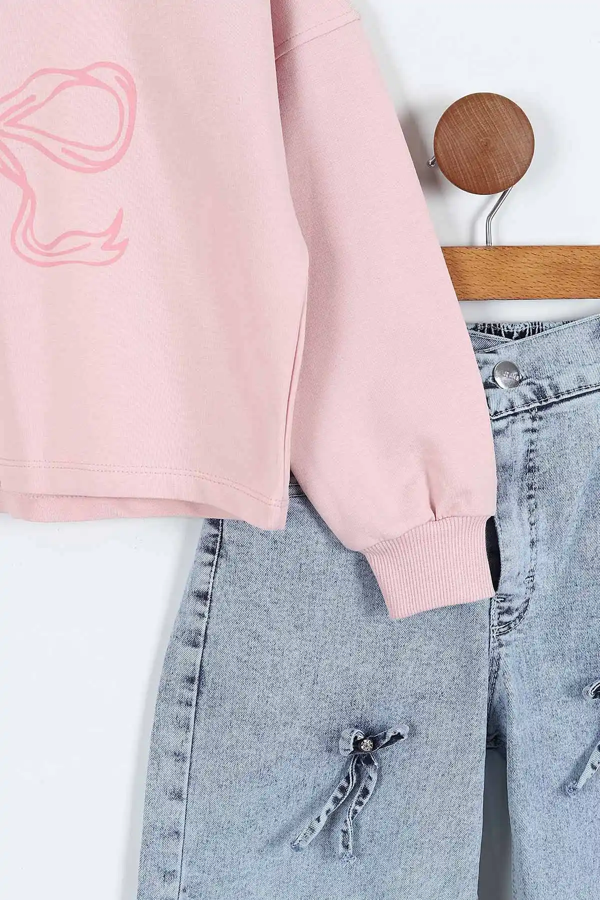 Pembe (1-9 Yaş) Fiyonk Baskılı Sweatli Kot Pantolonlu Kız Çocuk 2'li Takım 414825