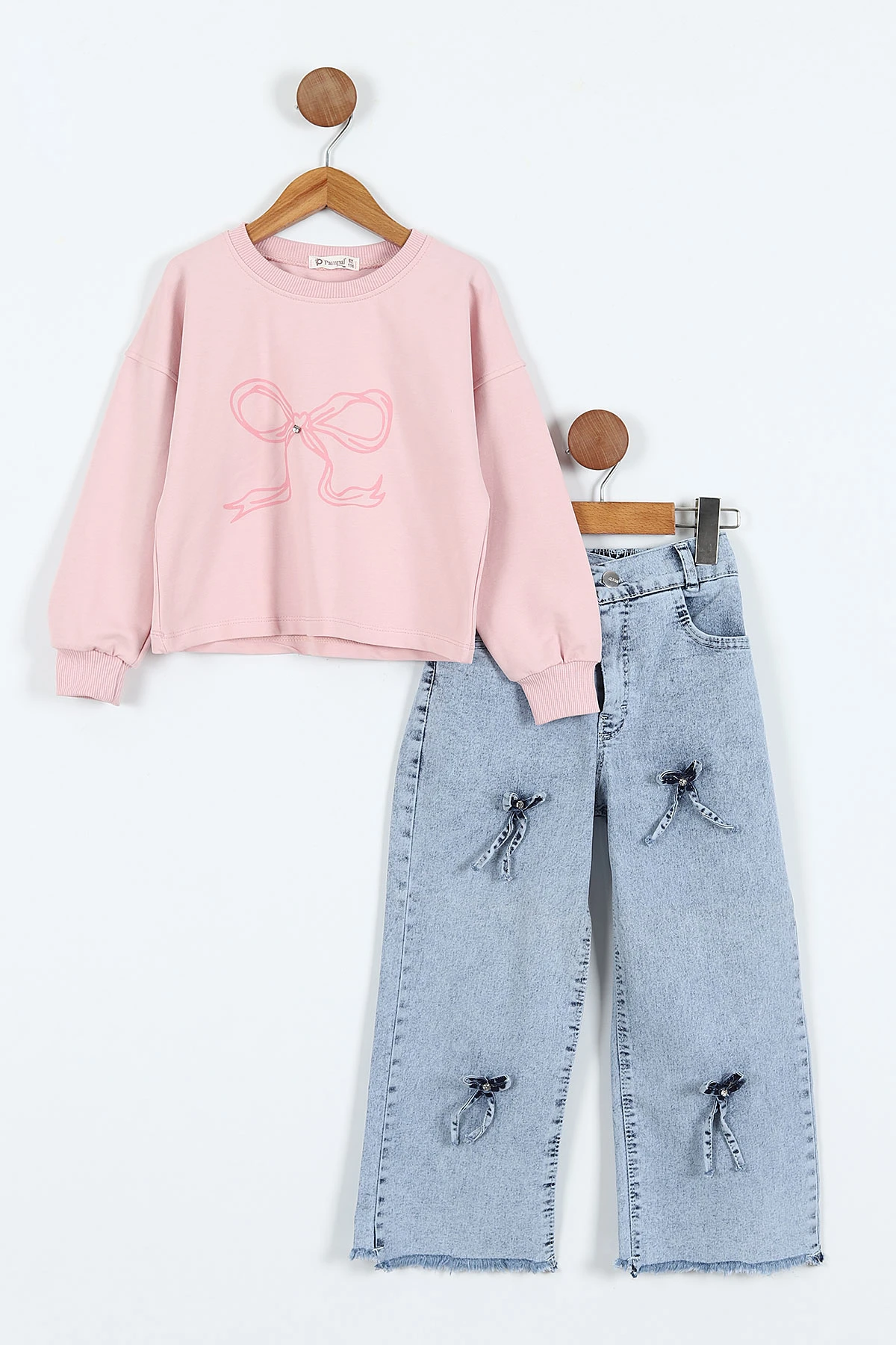 Pembe (1-9 Yaş) Fiyonk Baskılı Sweatli Kot Pantolonlu Kız Çocuk 2'li Takım 414825