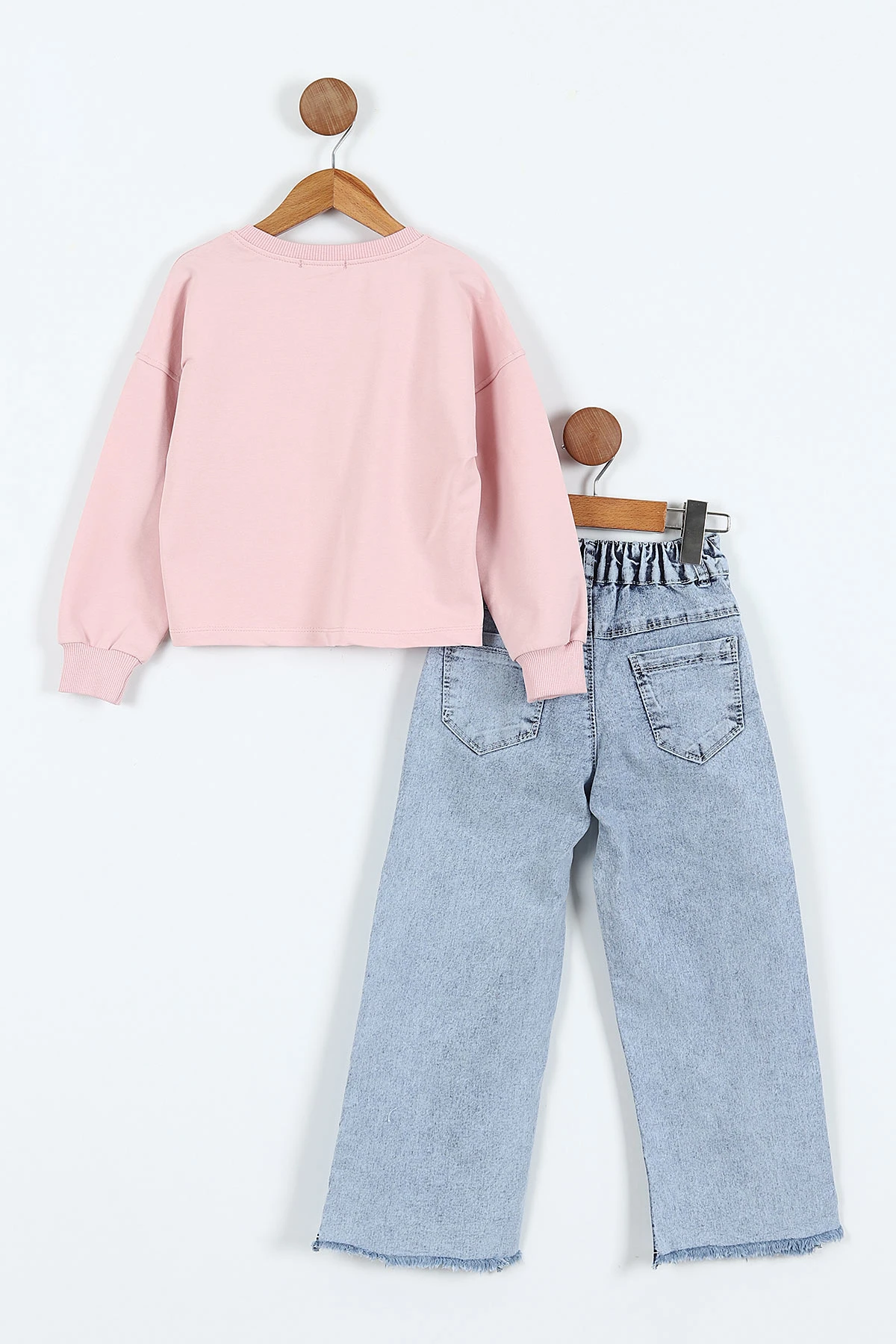 Pembe (1-9 Yaş) Fiyonk Baskılı Sweatli Kot Pantolonlu Kız Çocuk 2'li Takım 414825