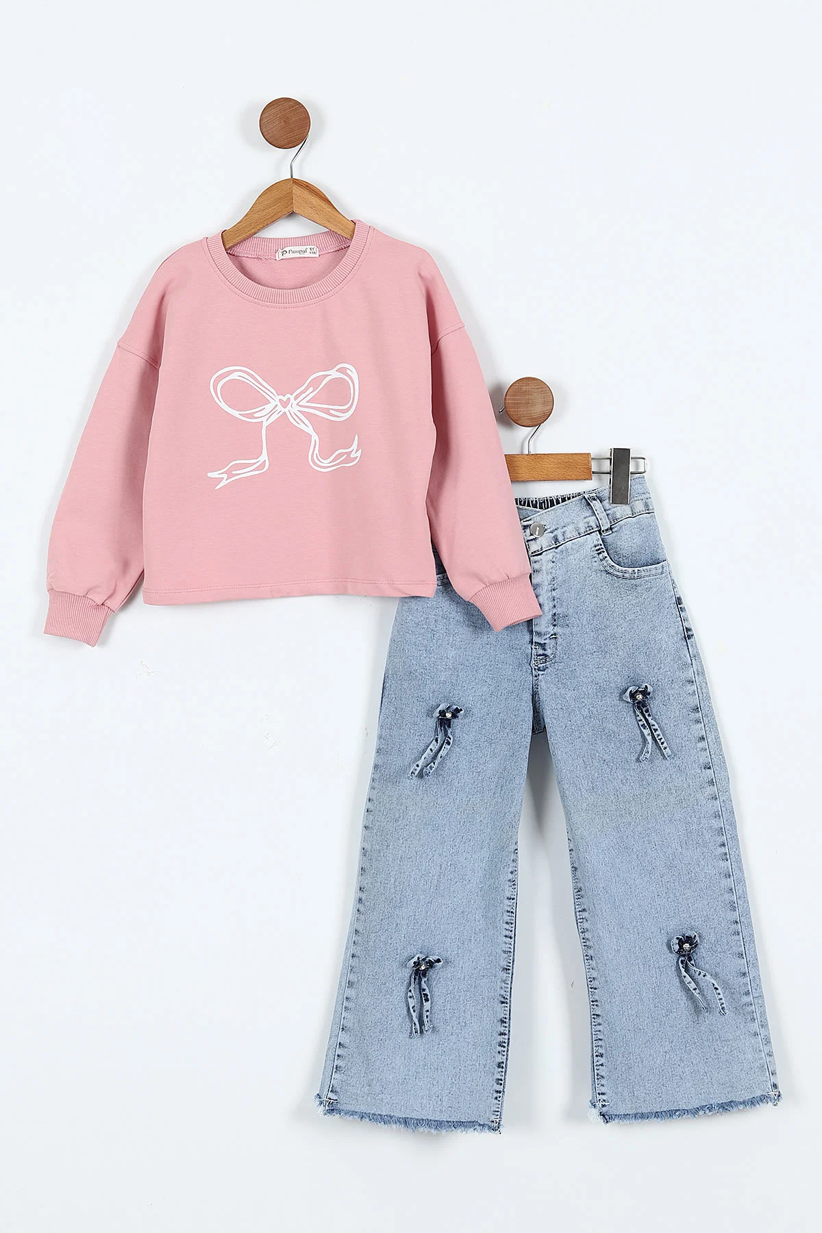Pembe (1-9 Yaş) Fiyonk Baskılı Sweatli Kot Pantolonlu Kız Çocuk 2'li Tkaım 410315