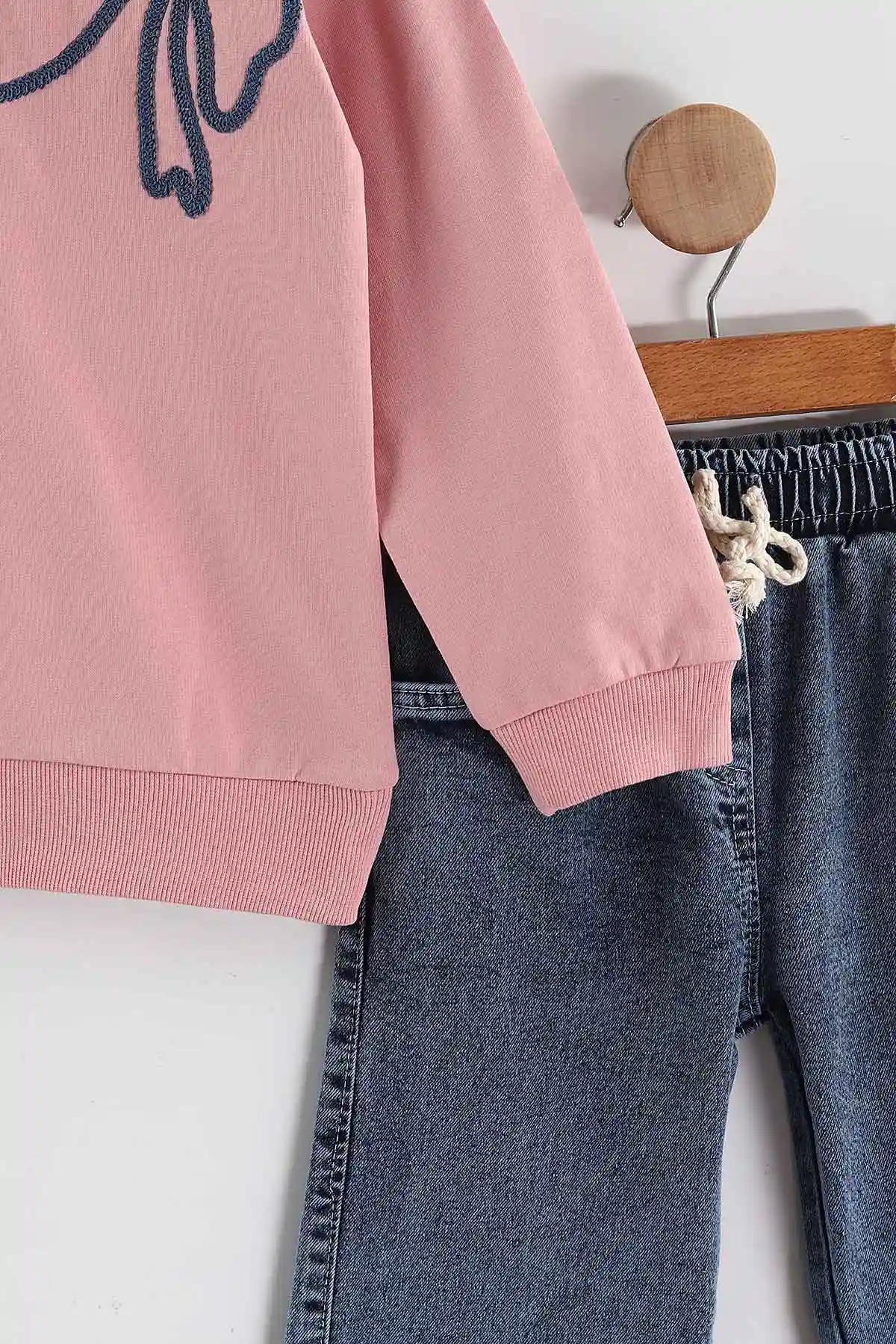 Pembe (1-9 Yaş)  Fiyonk Nakışlı Taşlı  Kot Pantolonlu Kız Çocuk 2'li Takım 438547