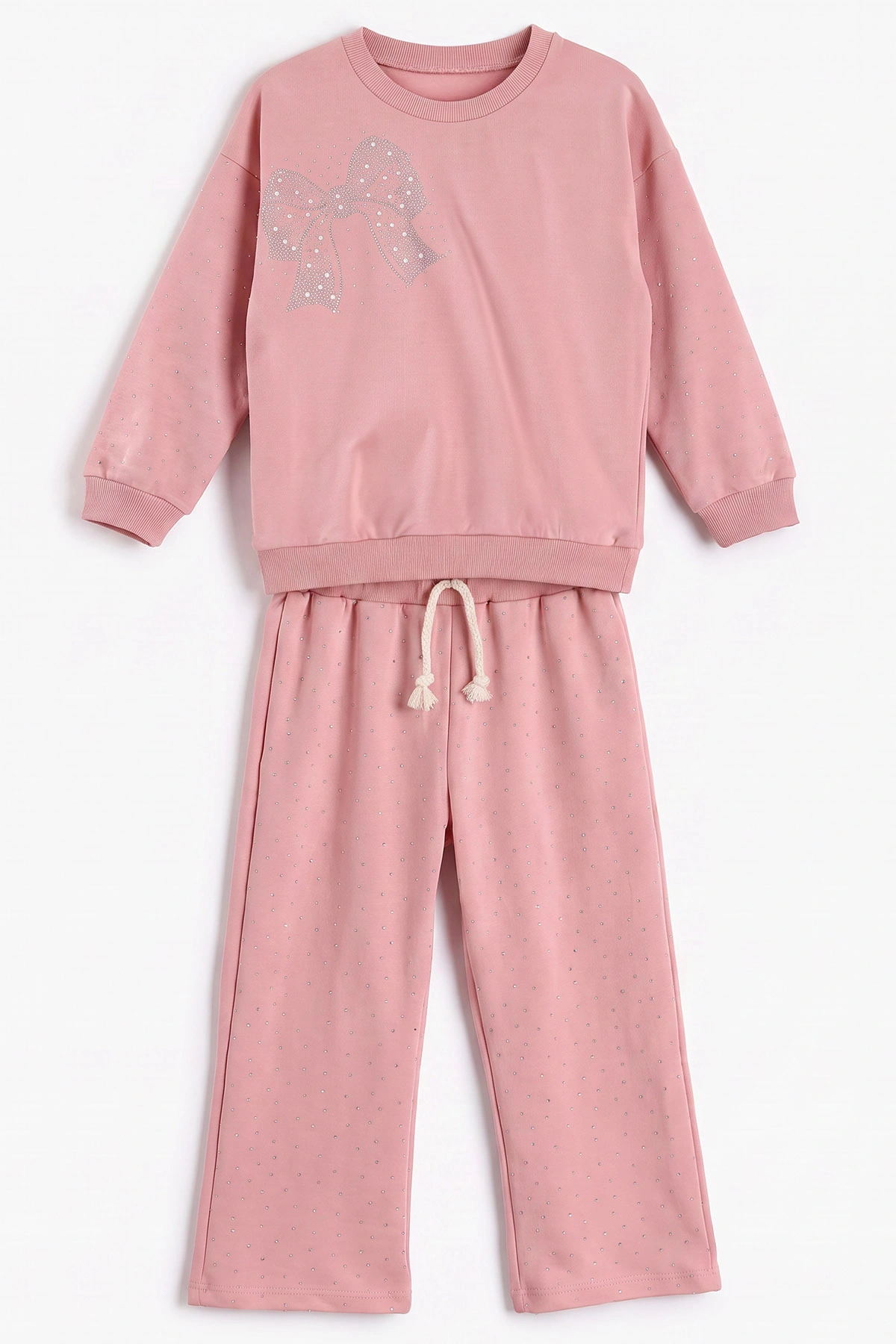 Pembe (1-9 Yaş) Fiyonklu Taş Baskılı  Bol Paça 2 İp Kız Çocuk Mevsimlik Takım 487347