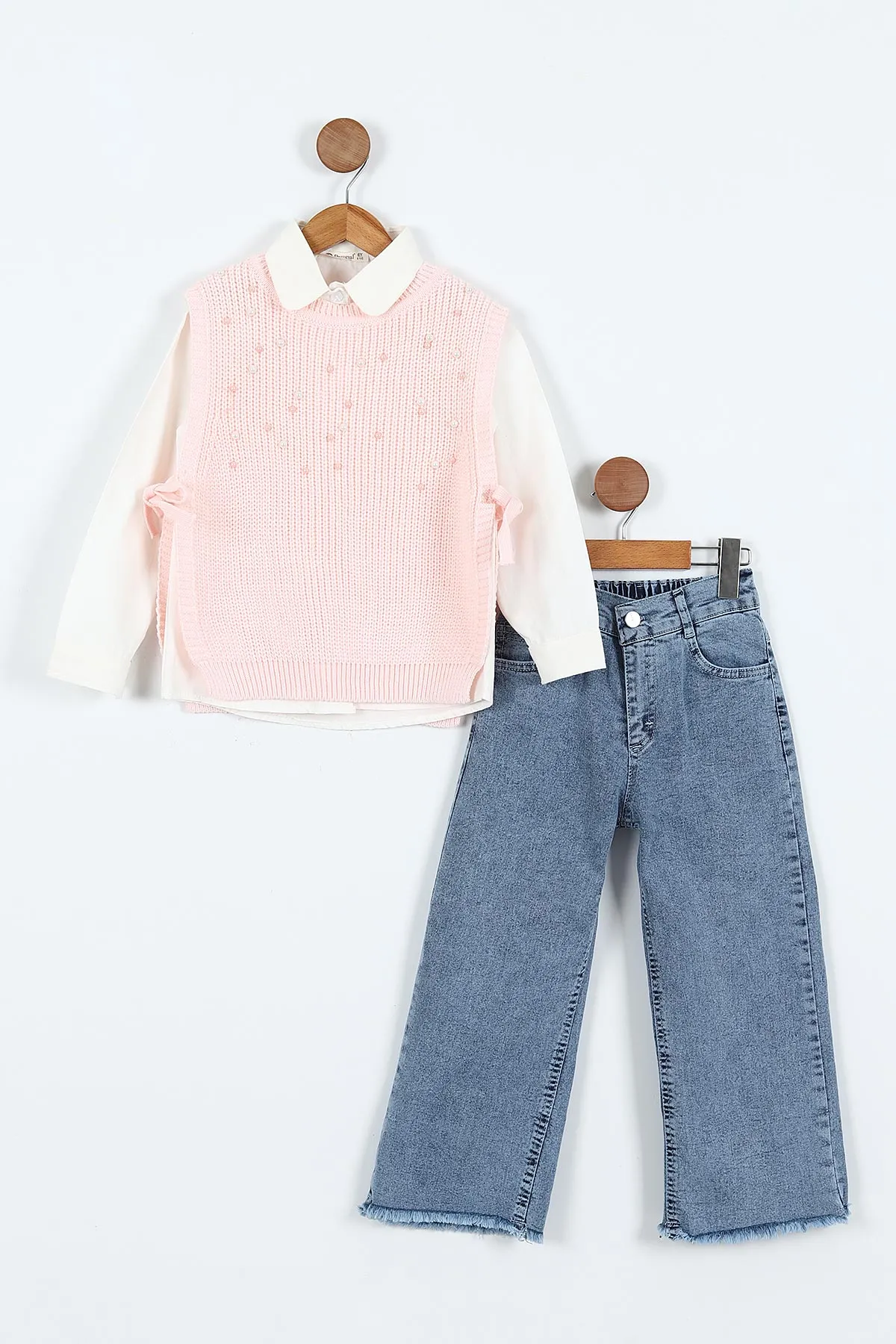 Pembe (1-9 Yaş)  Gömlekli  İncili Süveterli   Kot Pantolonlu Kız Çocuk 3'lü Takım 410321