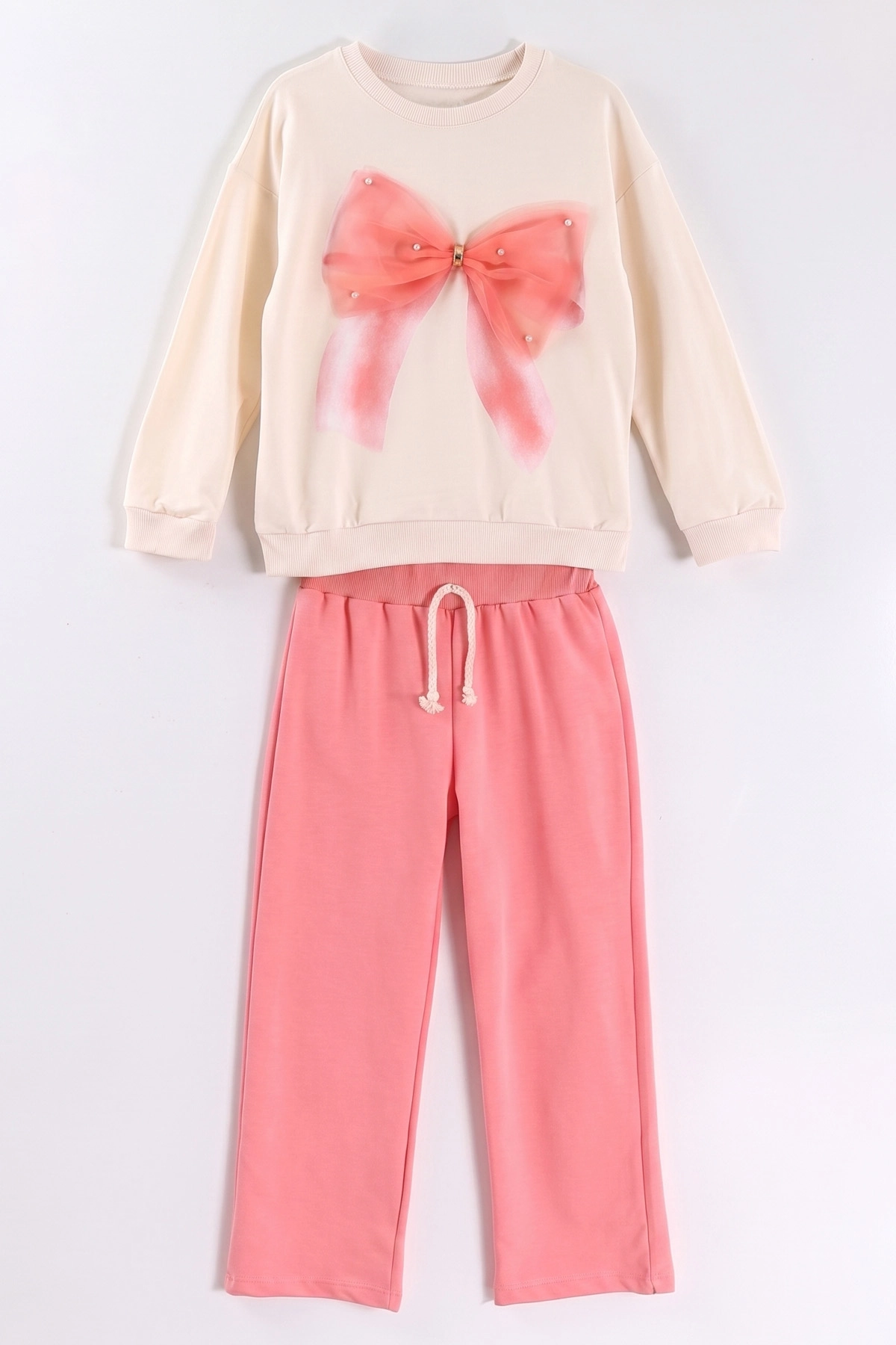 Pembe (1-9 Yaş)   İncili Fiyonk  Aksesuarlı  Bol Paça 2 İp Kız Çocuk Mevsimlik Takım 487362