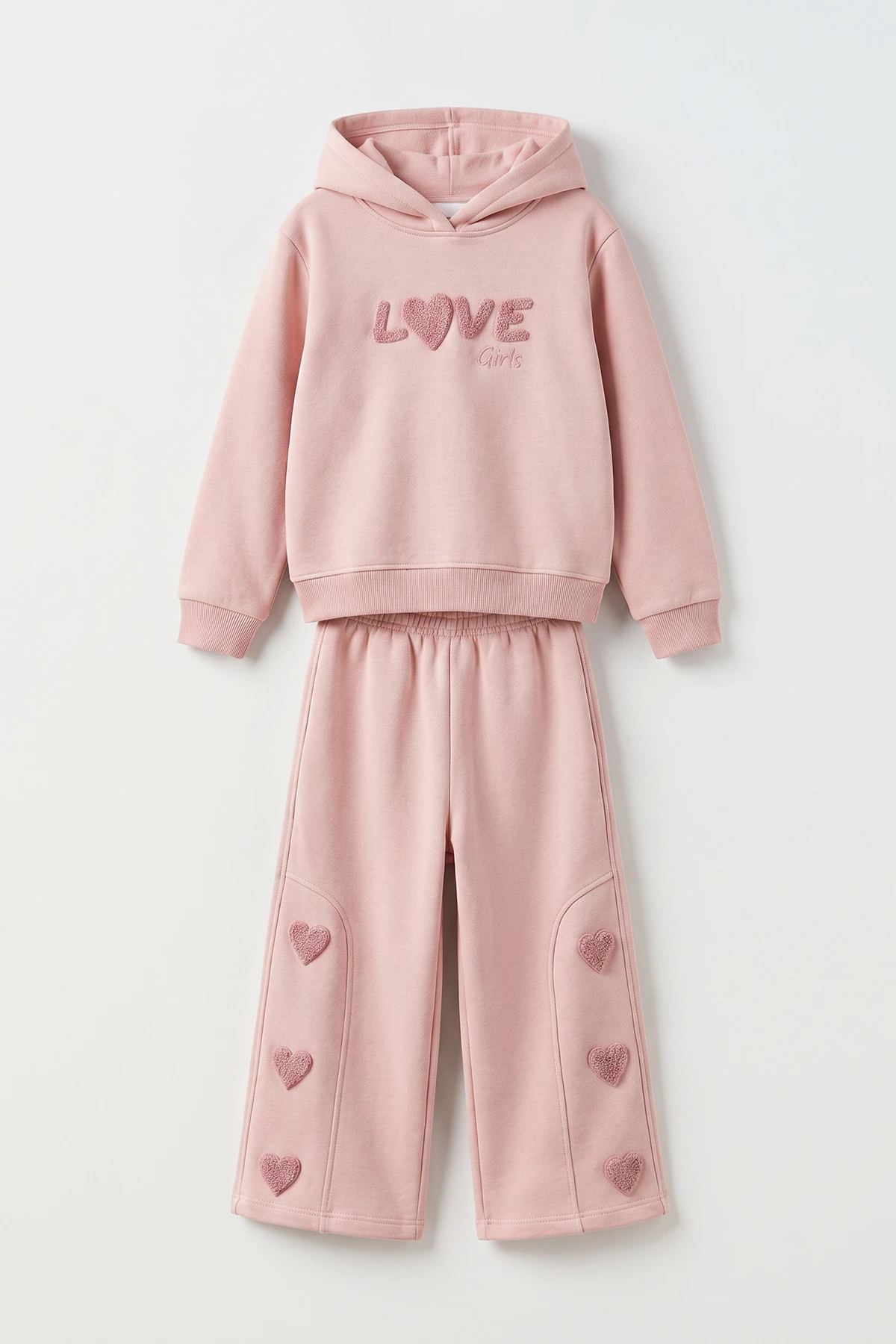 Pembe (1-9 Yaş) Love Nakışlı Kapüşonlu  3 İp Şardonlu Kız Çocuk Kışlık Takım 482833