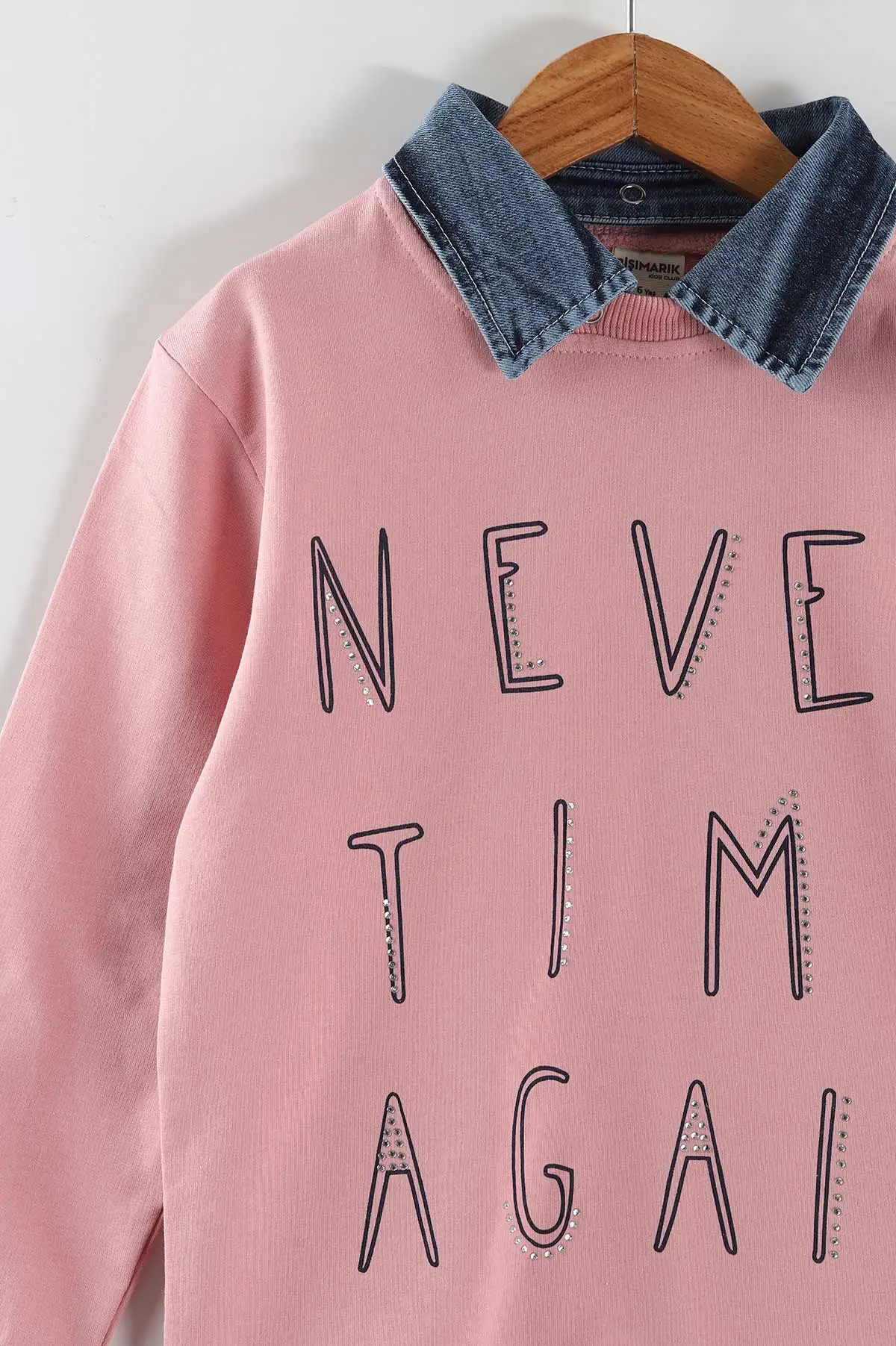 Pembe (1-9 Yaş) Never Taş  Baskılı Gömlek Yaka Kot Pantolonlu Kız Çocuk 2'li Takım 441597