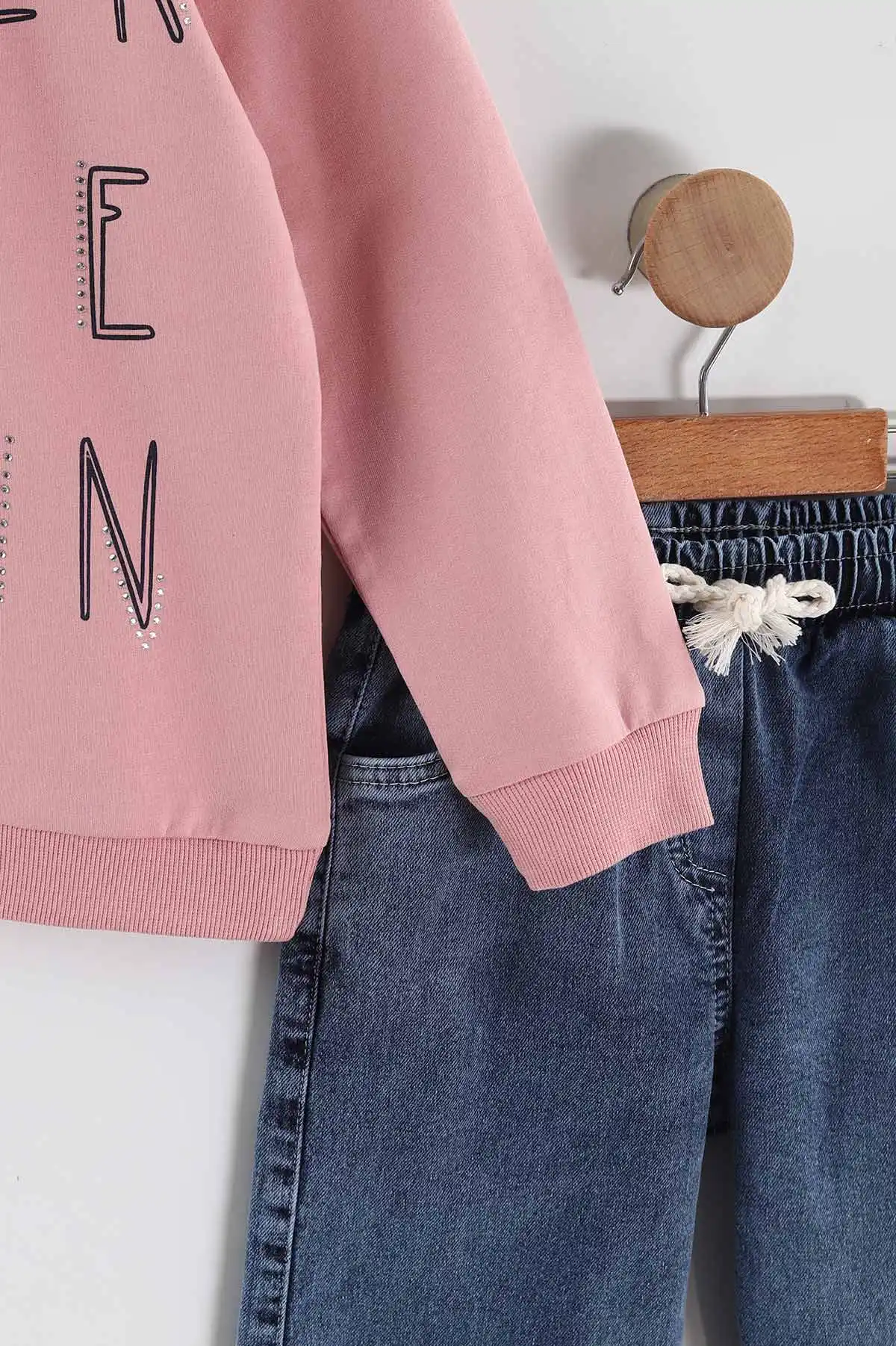 Pembe (1-9 Yaş) Never Taş  Baskılı Gömlek Yaka Kot Pantolonlu Kız Çocuk 2'li Takım 441597