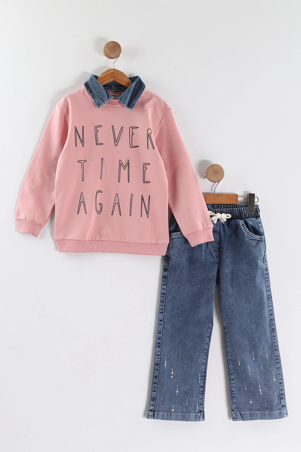 Pembe (1-9 Yaş) Never Taş  Baskılı Gömlek Yaka Kot Pantolonlu Kız Çocuk 2'li Takım 441597