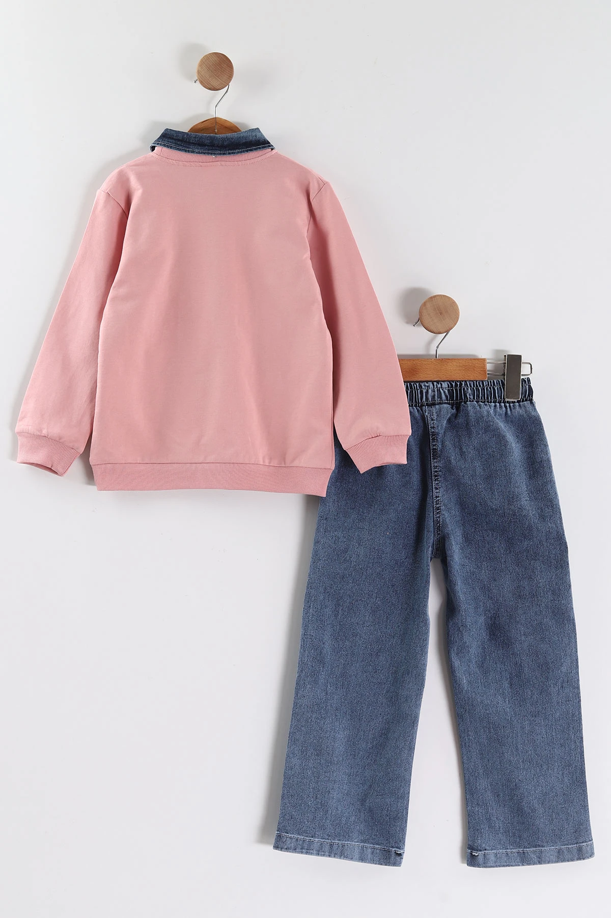 Pembe (1-9 Yaş) Never Taş  Baskılı Gömlek Yaka Kot Pantolonlu Kız Çocuk 2'li Takım 441597