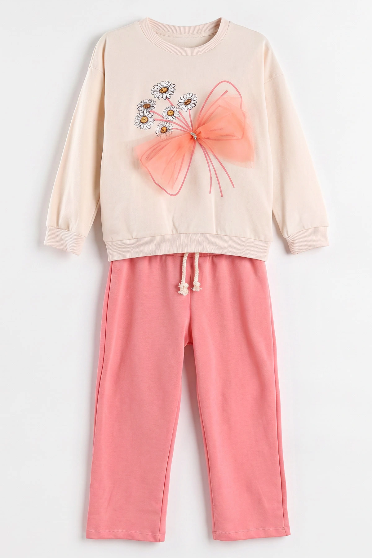 Pembe (1-9 Yaş) Papatya Baskılı Tül Aksesuarlı  Bol Paça 2 İp Kız Çocuk Mevsimlik Takım 487352